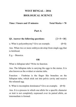 West Bengal Board Class 12 Biology Science 2016 Question Paper