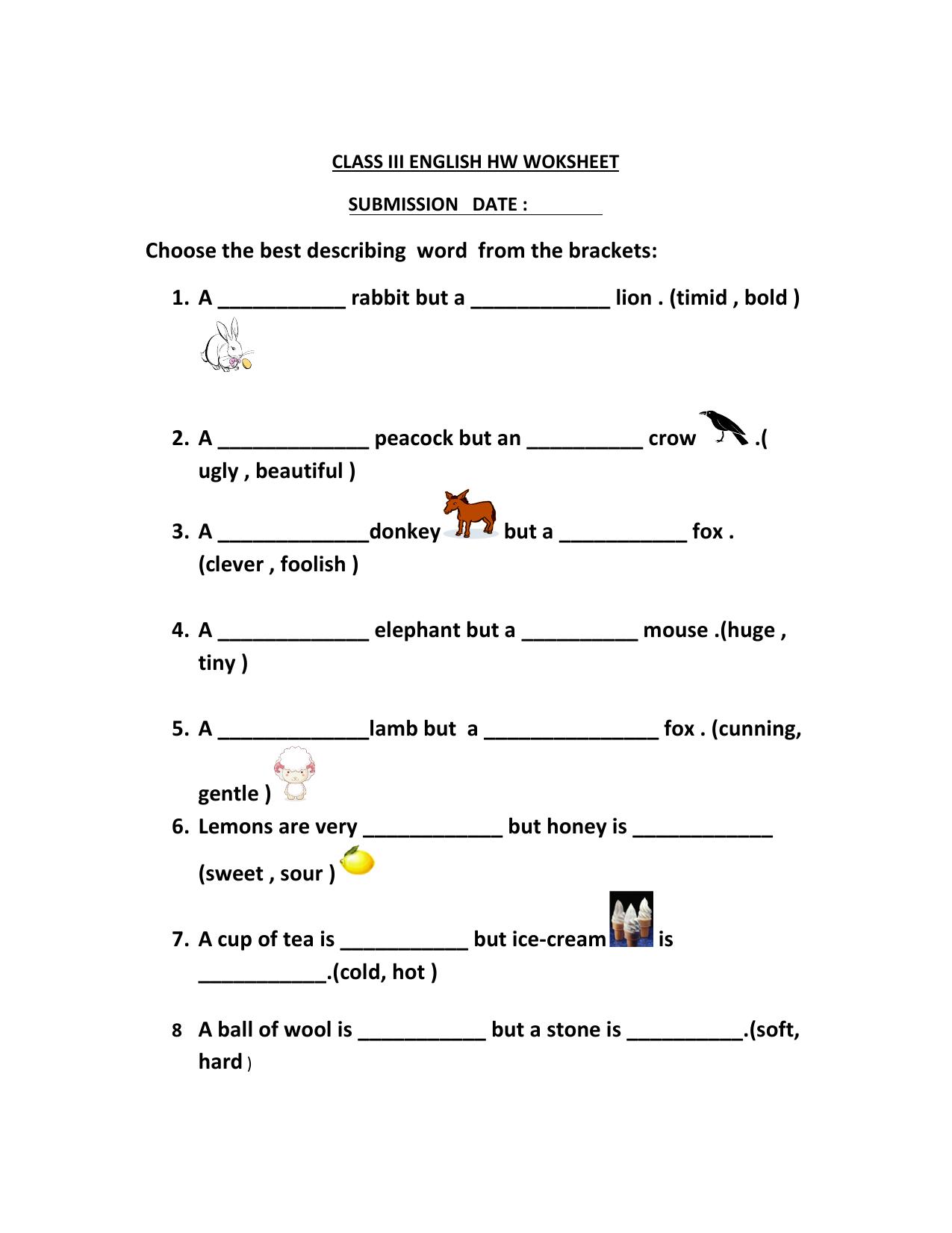 Worksheet for Class 3 English Describing Word Assignment - Page 1