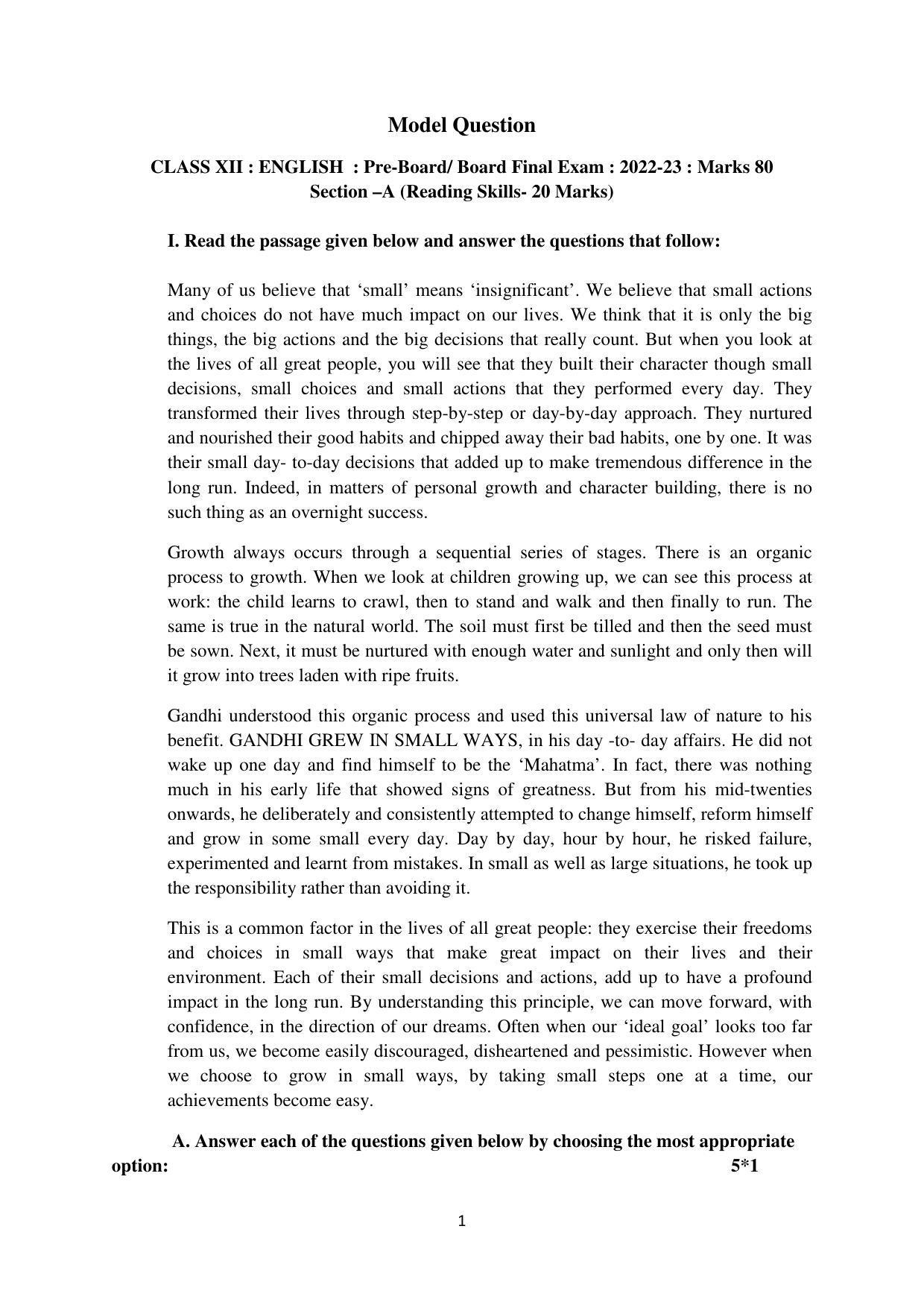 Tripura Board Class 12th English Model Question Paper 2023 - Page 1