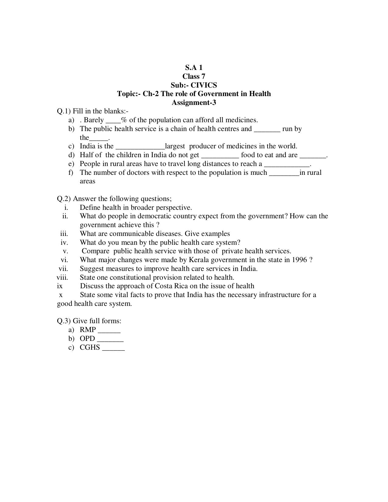 CBSE Worksheets for Class 7 Civics Assignment 3 - Page 1