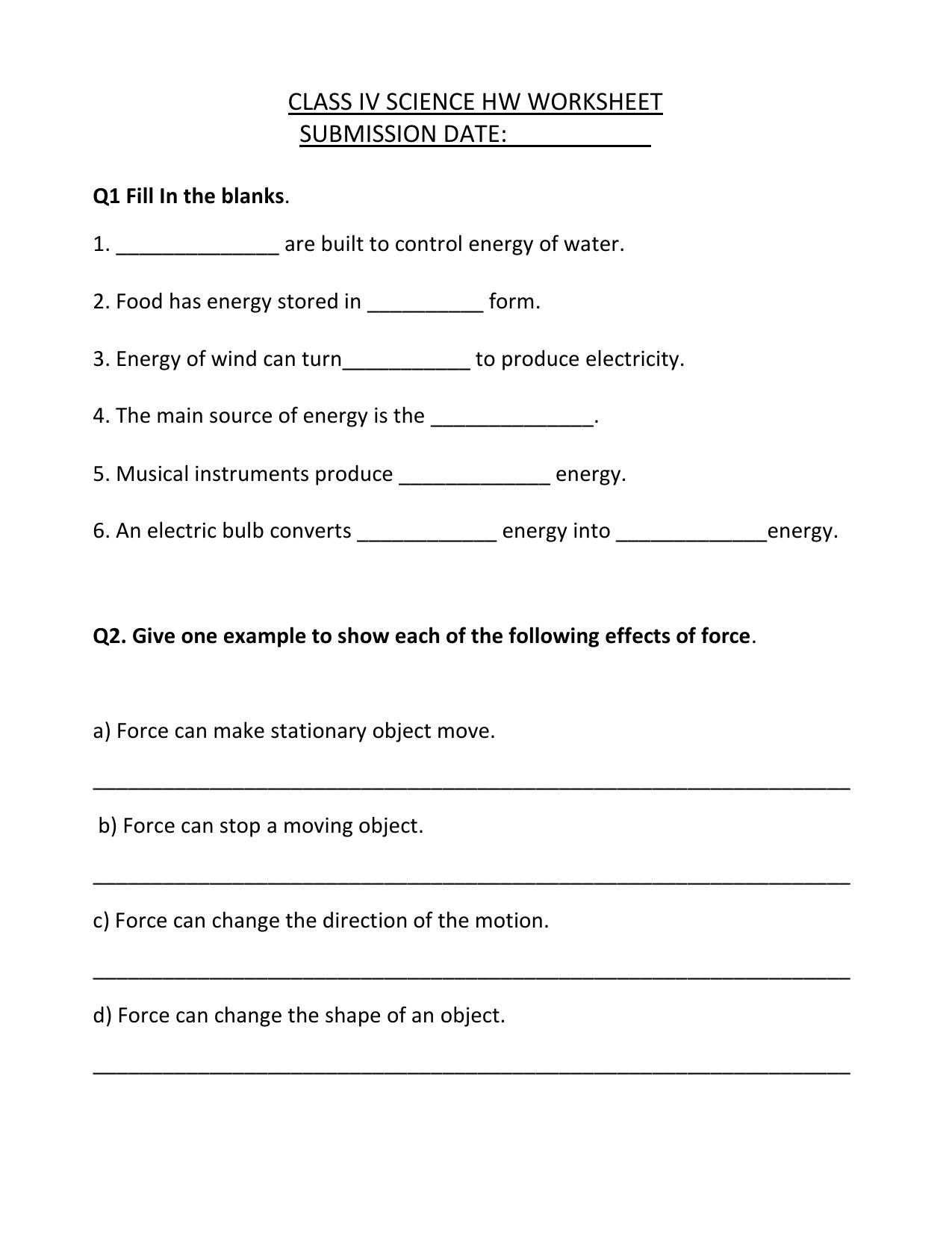 Worksheet for Class 4 Science Energy Assignment - Page 1