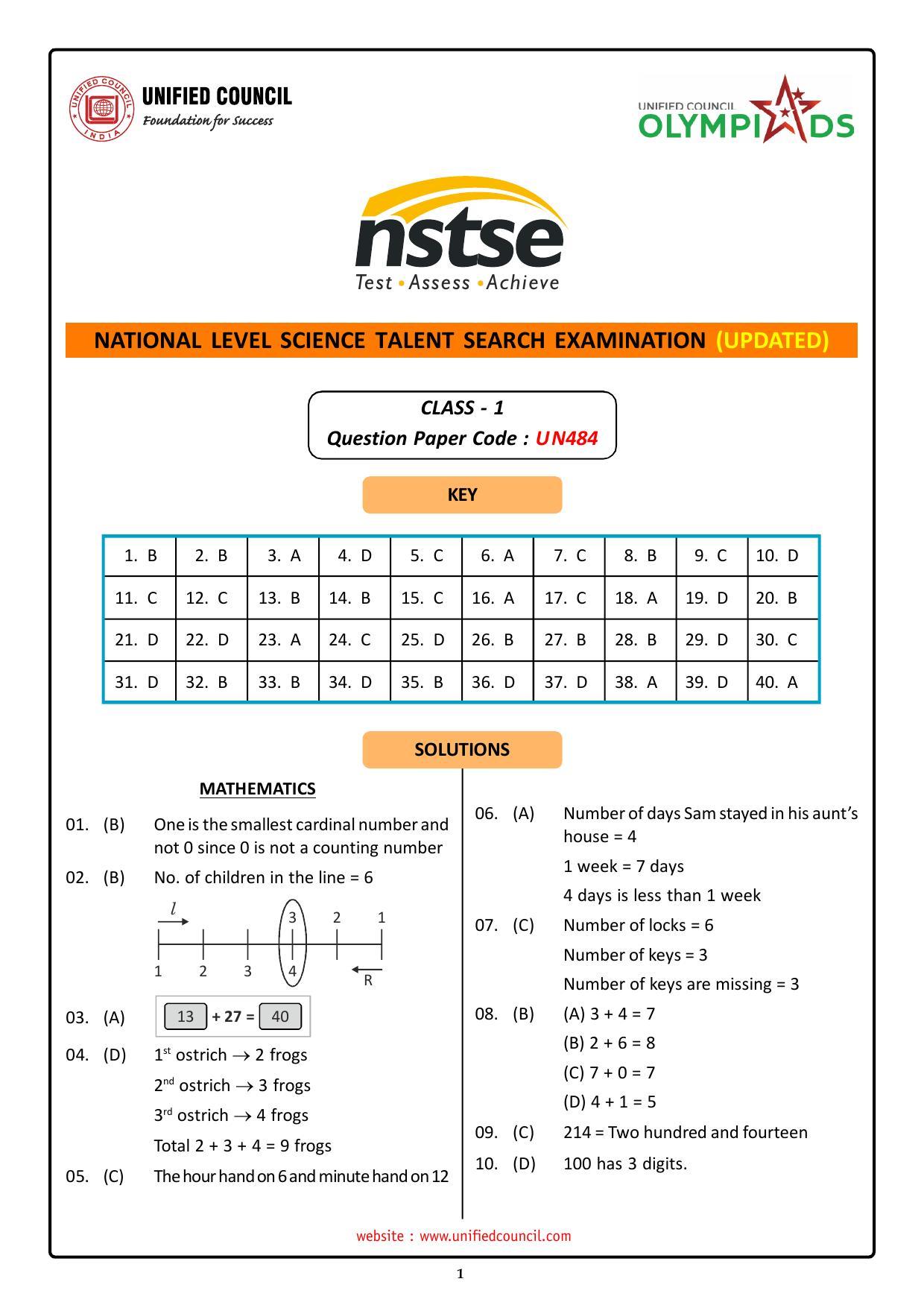 NSTSE 2023 Class 1 Answer Key (Paper Code 484) - Page 1