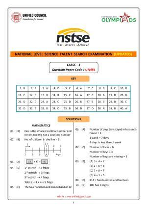 NSTSE 2023 Class 1 Answer Key (Paper Code 484)