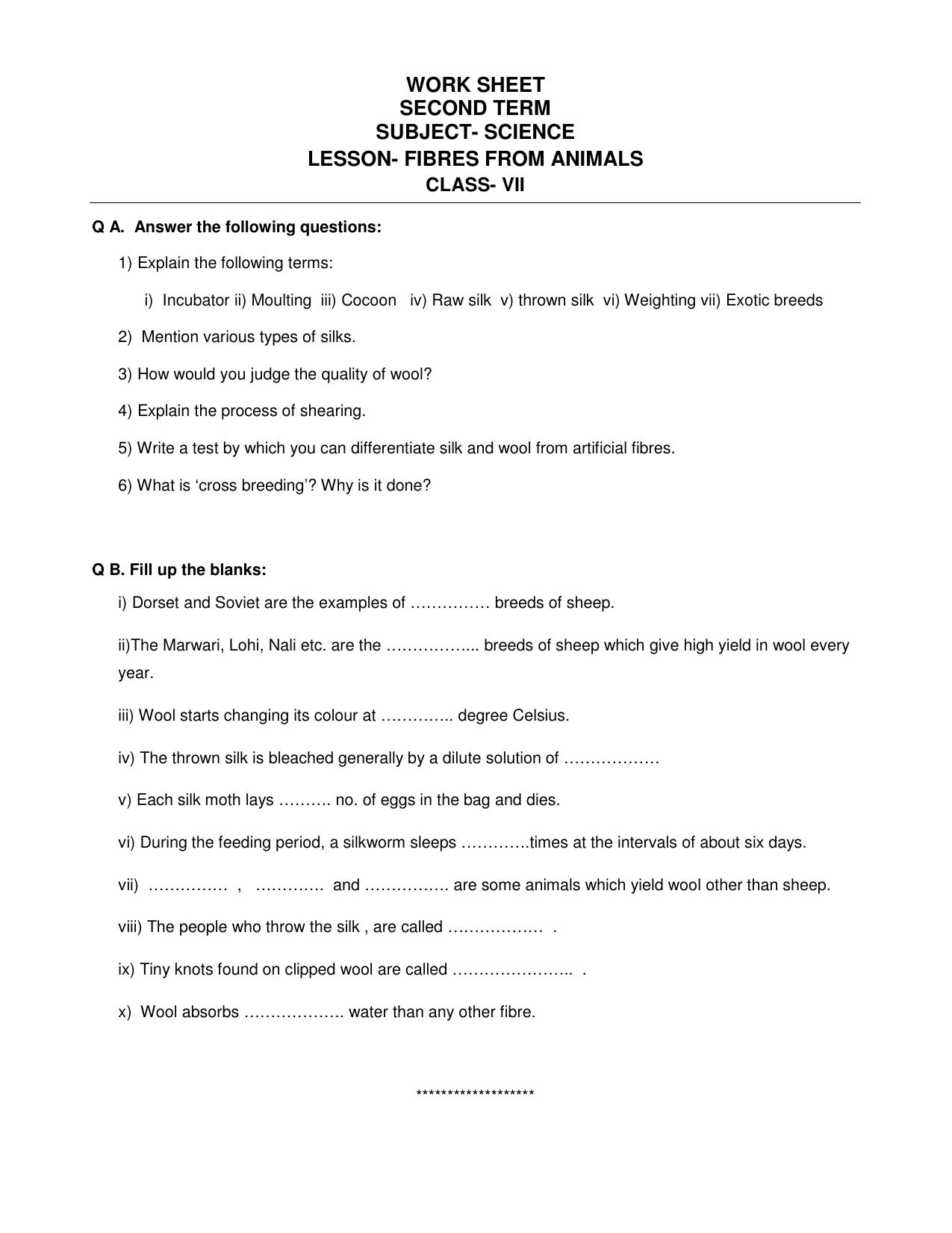 CBSE Worksheets for Class 7 Science Fibres from Animals Assignment - Page 1