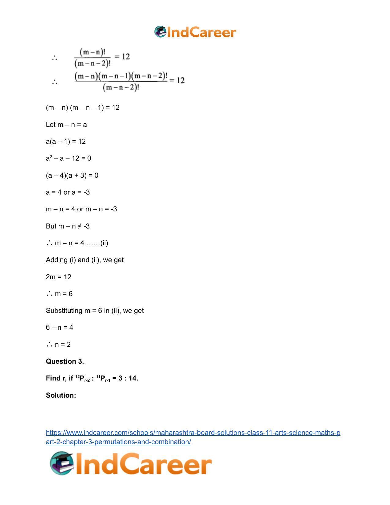 Maharashtra Board Solutions Class 11-Arts & Science Maths (Part 2): Chapter 3- Permutations and Combination - Page 33