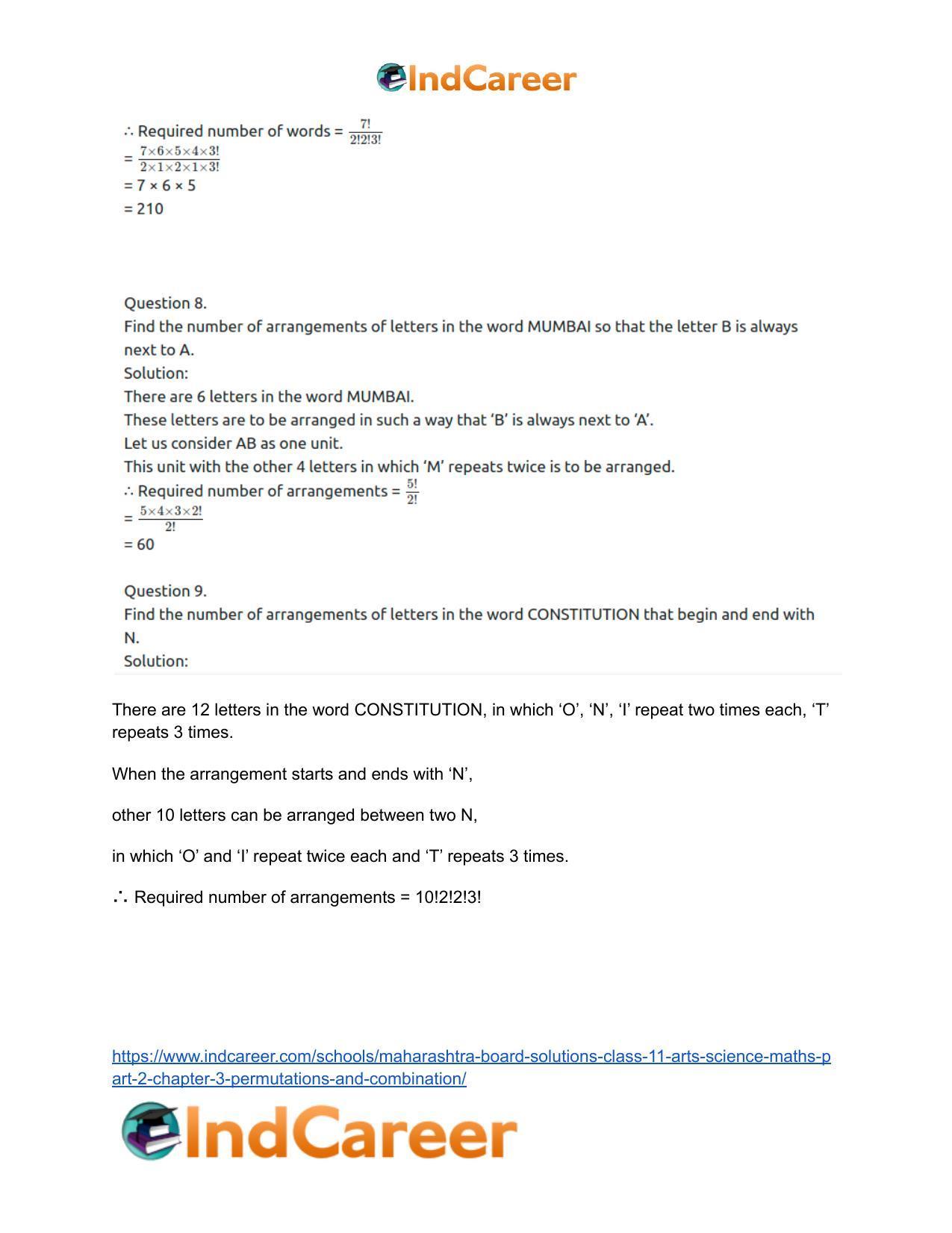 Maharashtra Board Solutions Class 11-Arts & Science Maths (Part 2): Chapter 3- Permutations and Combination - Page 54