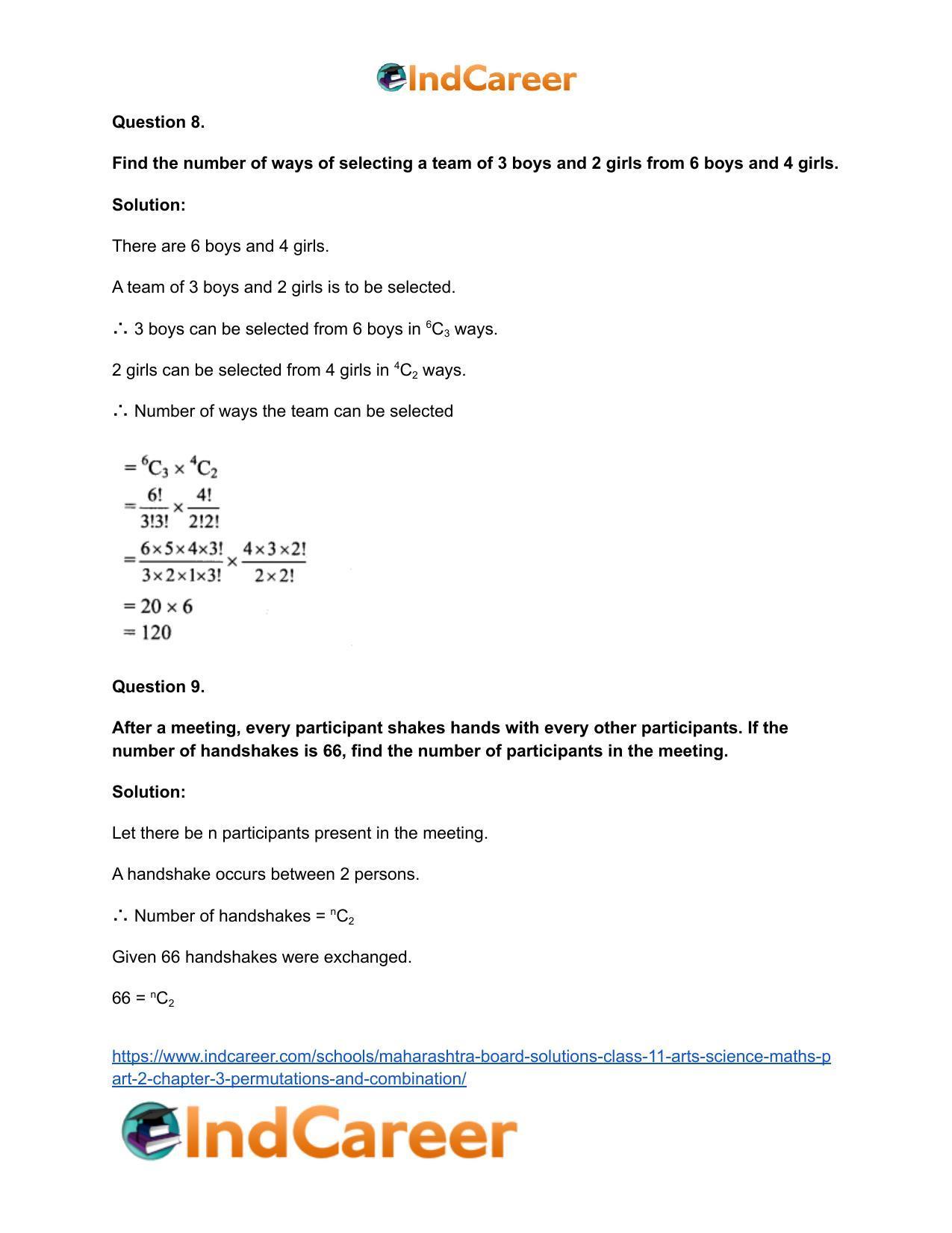 Maharashtra Board Solutions Class 11-Arts & Science Maths (Part 2): Chapter 3- Permutations and Combination - Page 74