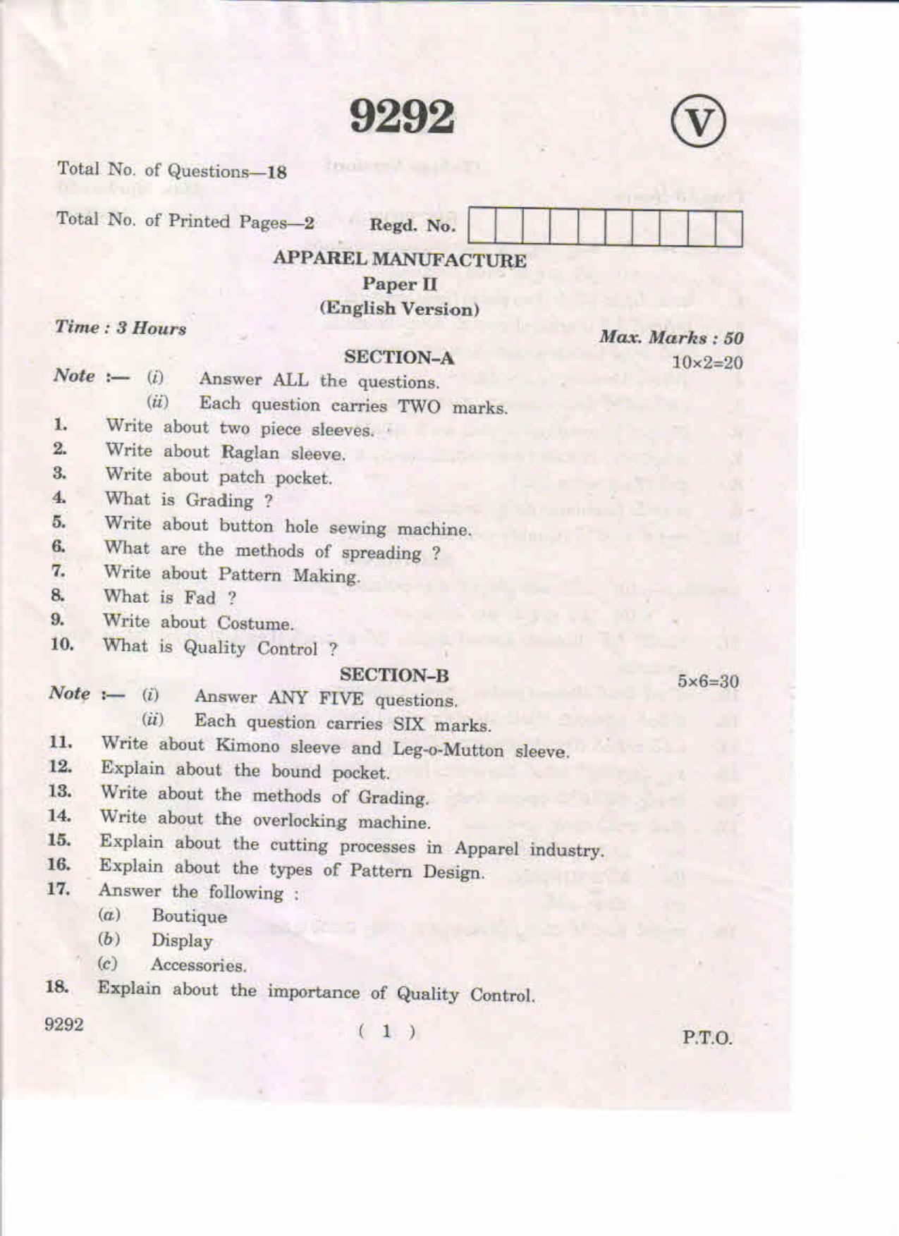 AP Inter 2nd Year Apparel Manufacture-II May-2019-Vocational Question Paper - Page 1