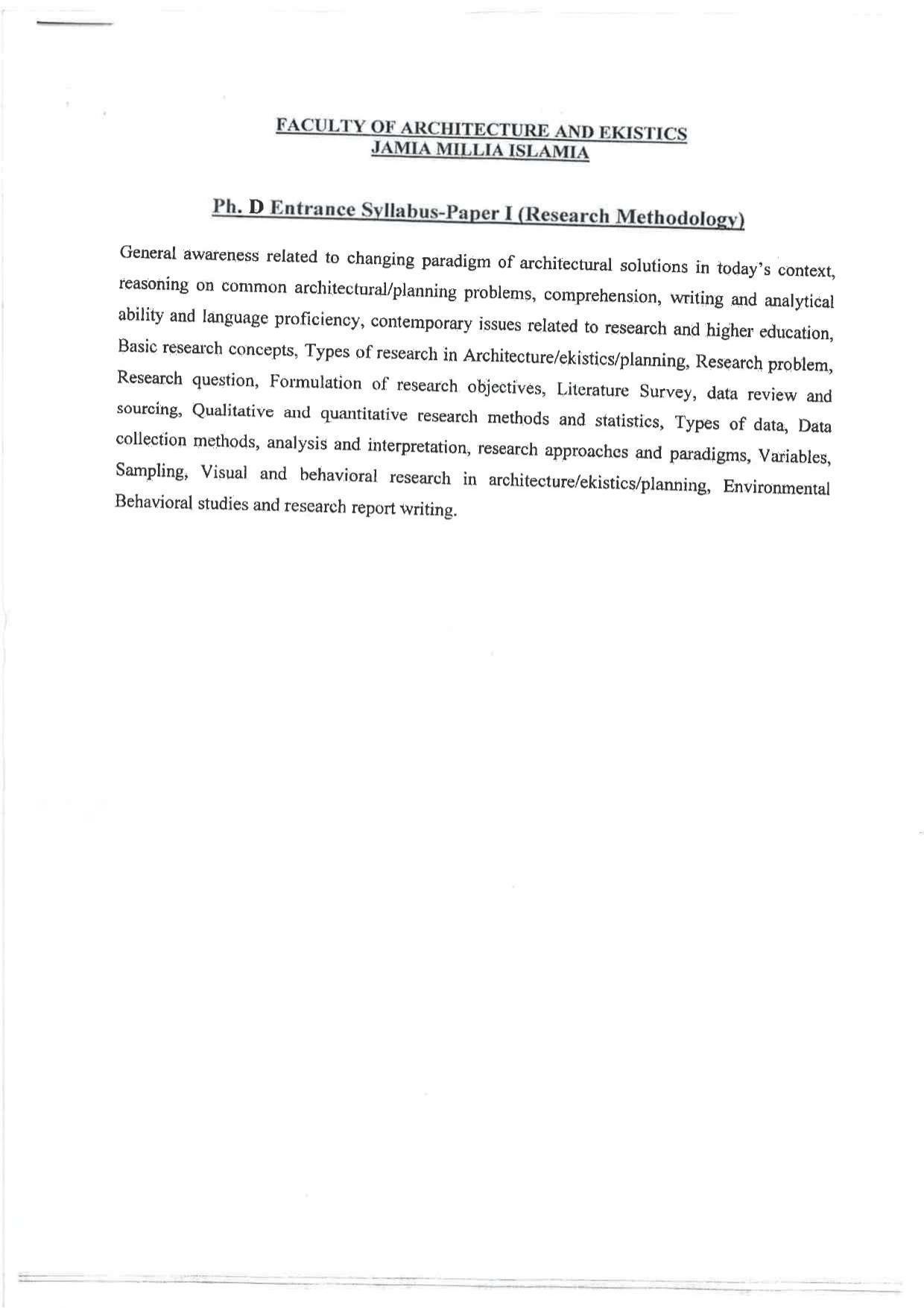 JMI Entrance Exam FACULTY OF ARCHITECTURE & EKISTICS Syllabus - Page 1