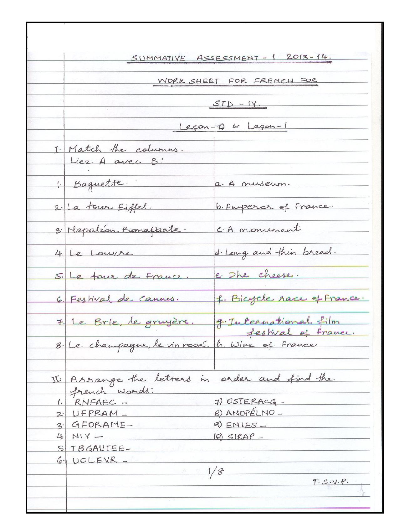 Worksheet for Class 4 French Assignment 8 - Page 1