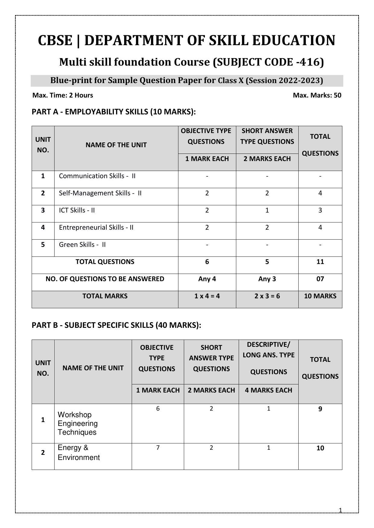 CBSE Class 10 (Skill Education) Multi Skill Foundation COURSE Sample Papers 2023 - Page 1
