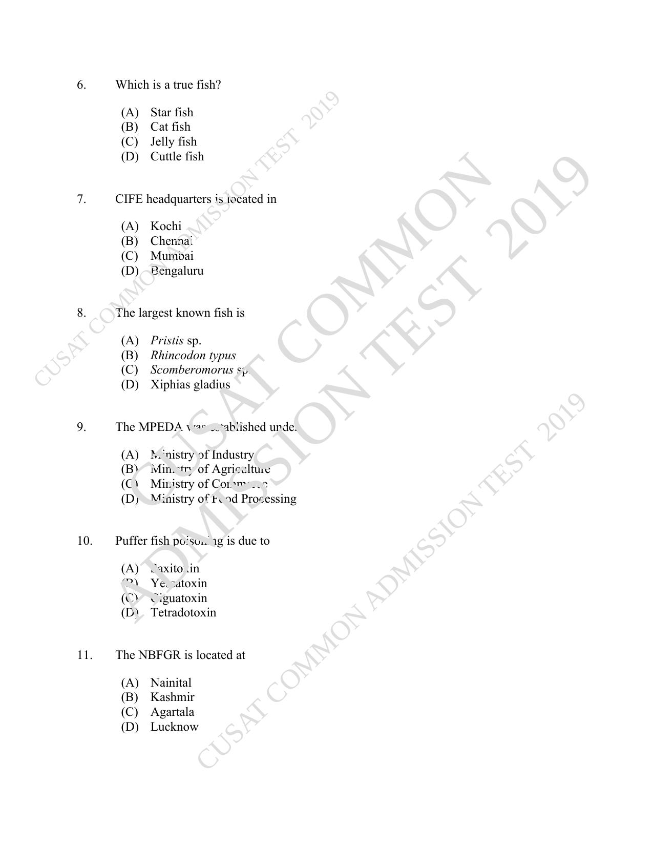 CUSAT CAT 2019 Fisheries Question Paper With Answer Key - Page 2