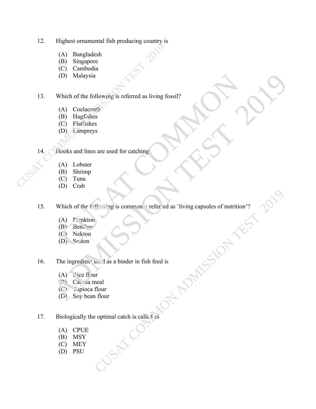 CUSAT CAT 2019 Fisheries Question Paper With Answer Key - Page 3