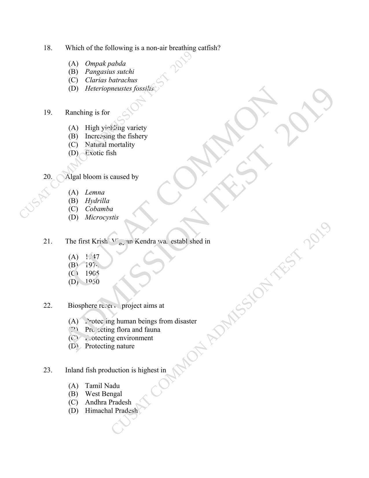 CUSAT CAT 2019 Fisheries Question Paper With Answer Key - Page 4
