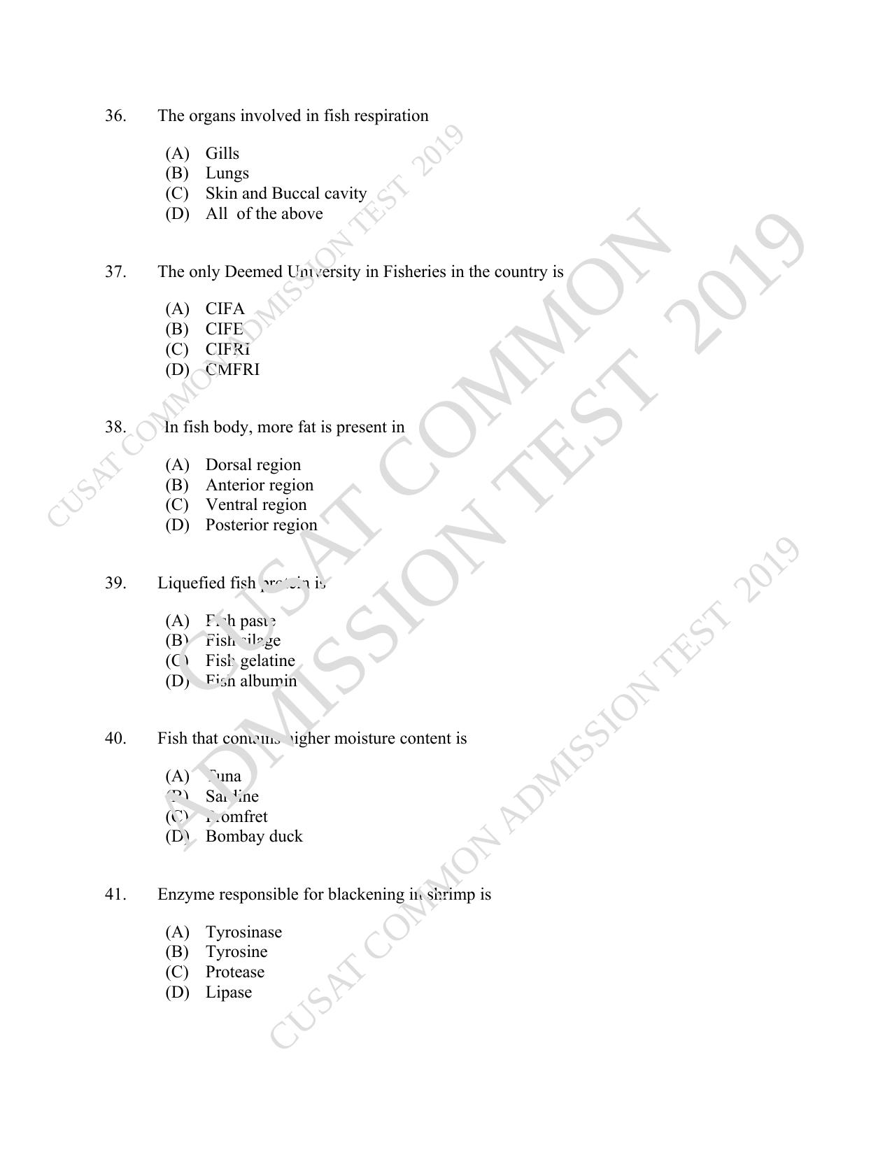 CUSAT CAT 2019 Fisheries Question Paper With Answer Key - Page 7