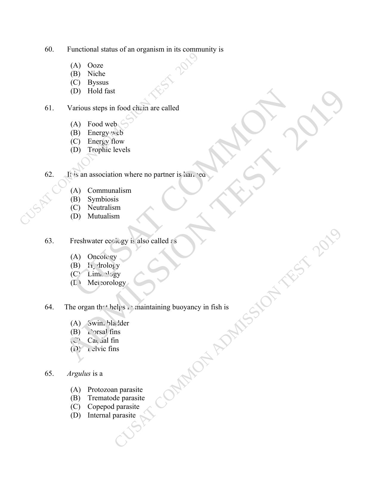 CUSAT CAT 2019 Fisheries Question Paper With Answer Key - Page 11