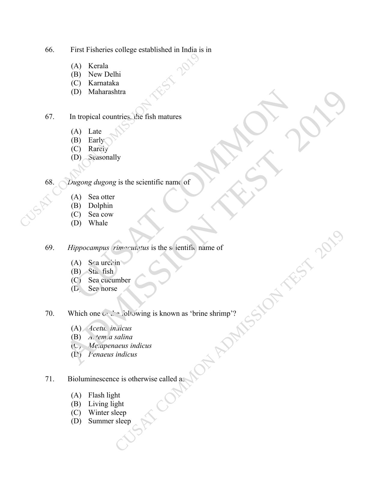 CUSAT CAT 2019 Fisheries Question Paper With Answer Key - Page 12