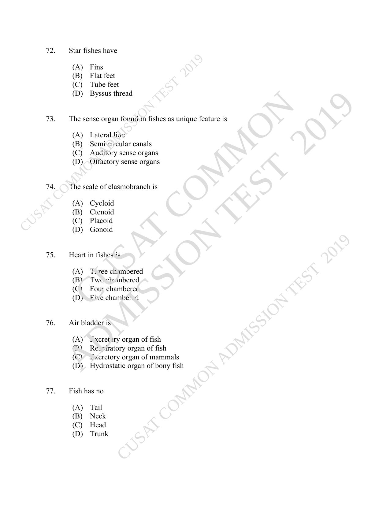CUSAT CAT 2019 Fisheries Question Paper With Answer Key - Page 13