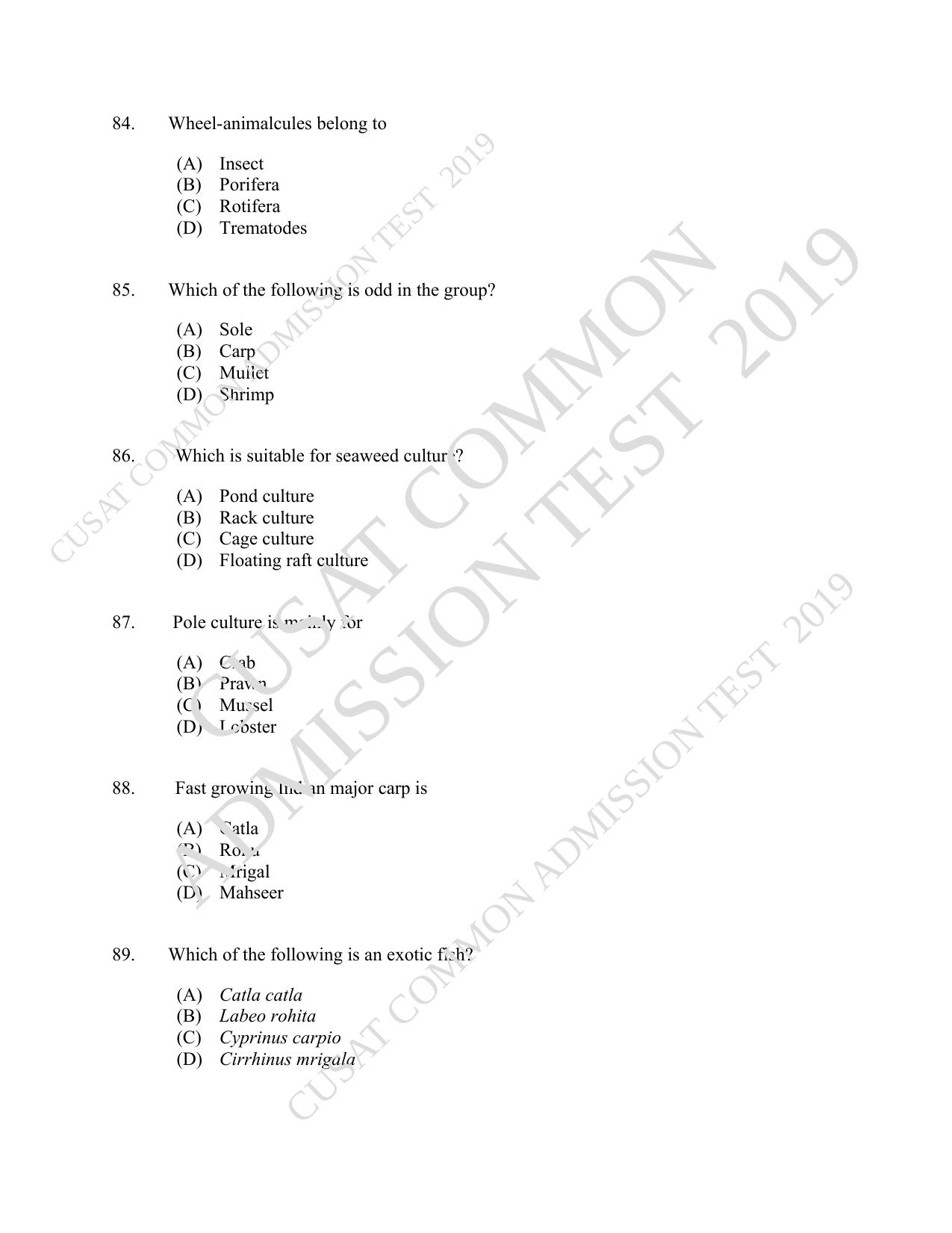 CUSAT CAT 2019 Fisheries Question Paper With Answer Key - Page 15