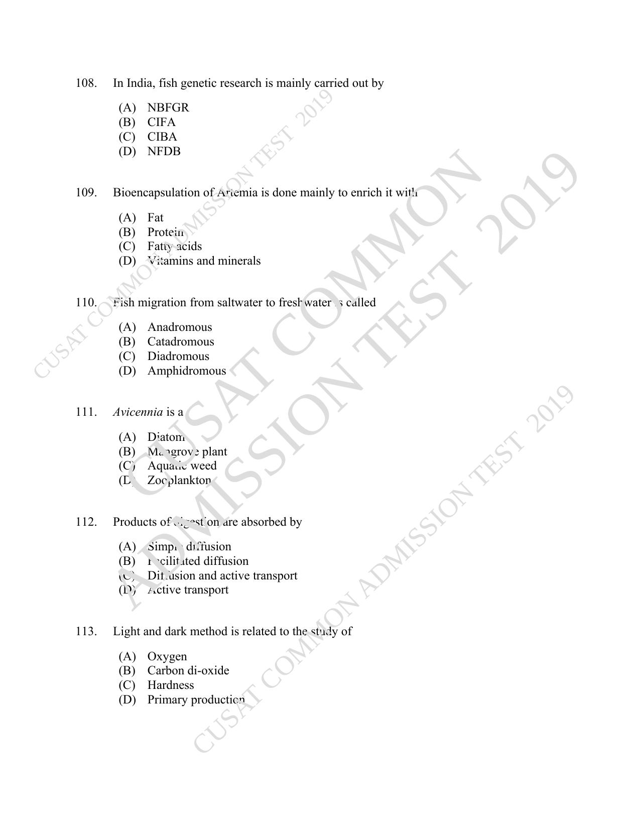 CUSAT CAT 2019 Fisheries Question Paper With Answer Key - Page 19