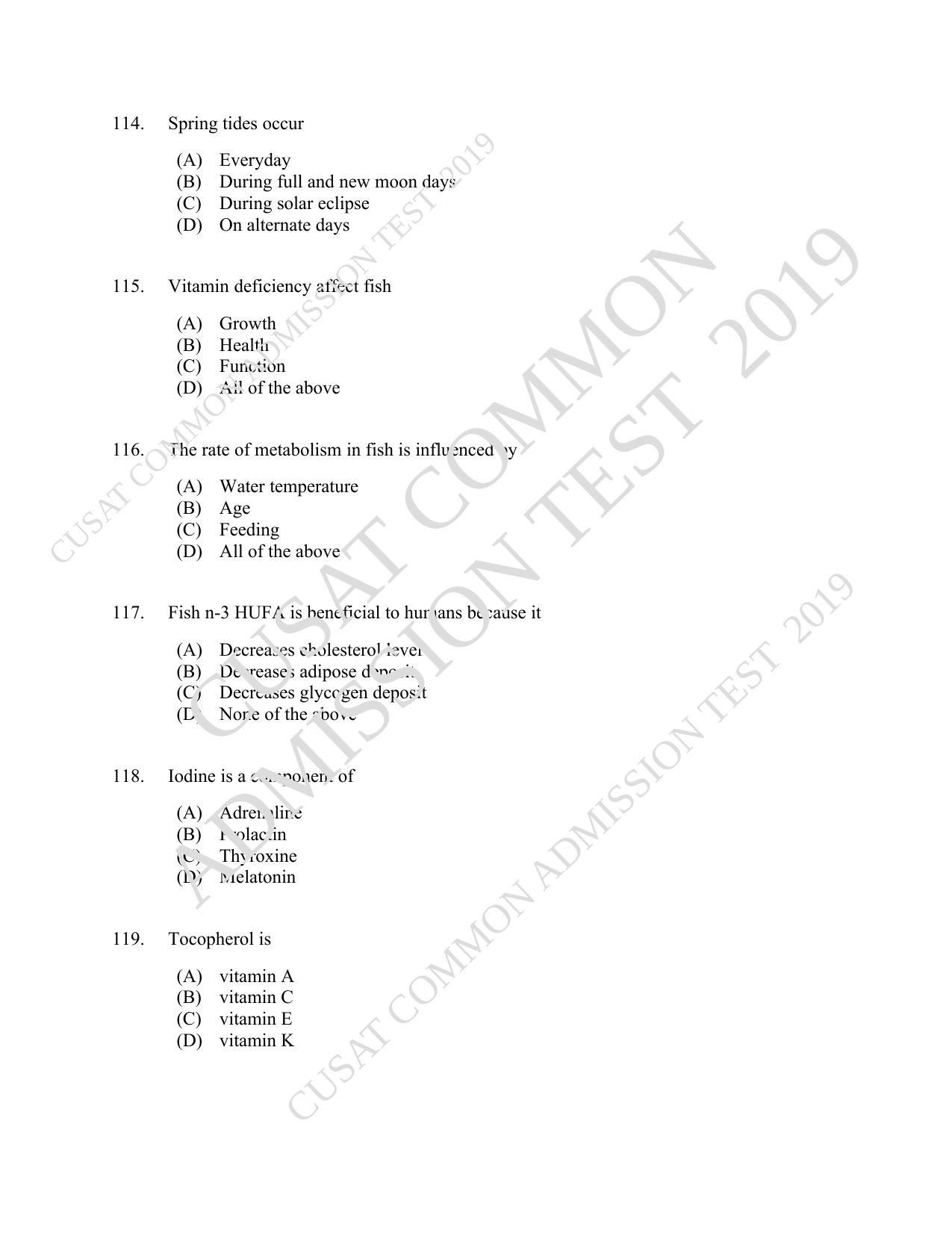 CUSAT CAT 2019 Fisheries Question Paper With Answer Key - Page 20
