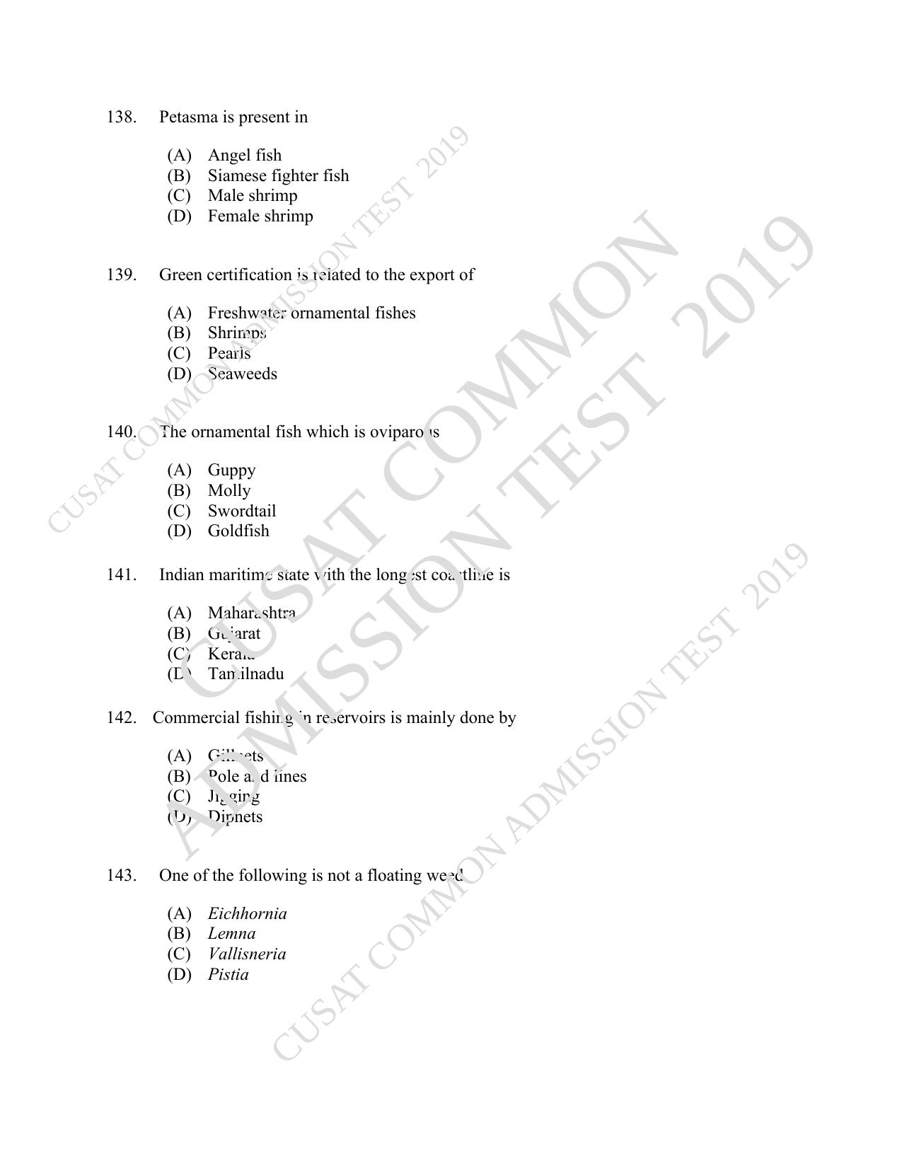 CUSAT CAT 2019 Fisheries Question Paper With Answer Key - Page 24