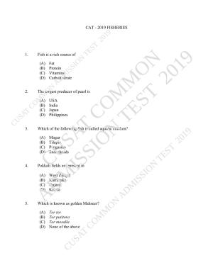 CUSAT CAT 2019 Fisheries Question Paper With Answer Key