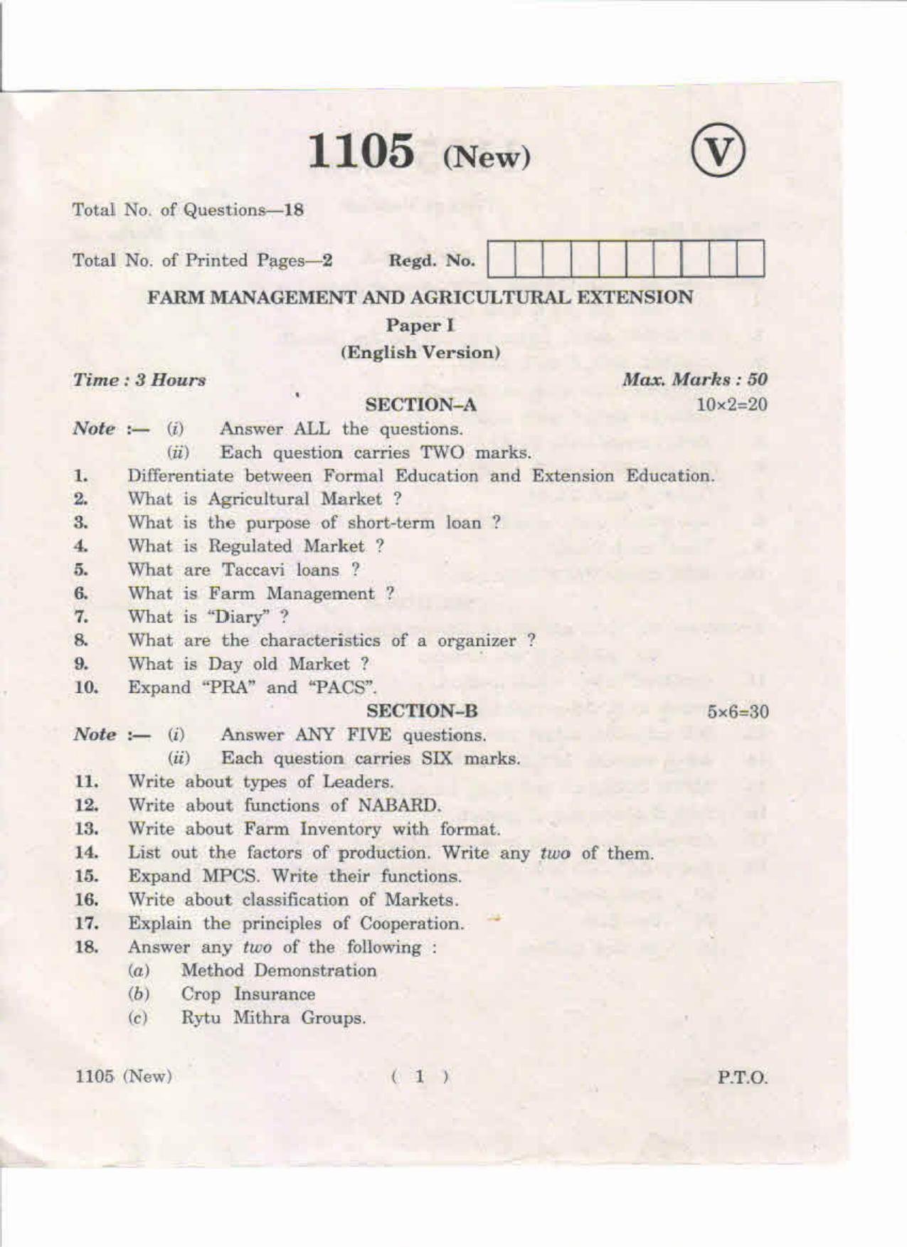 AP Inter 1st Year Farm Management and Agricultural Extension-I (New) May-2019-Vocational Question Paper - Page 1