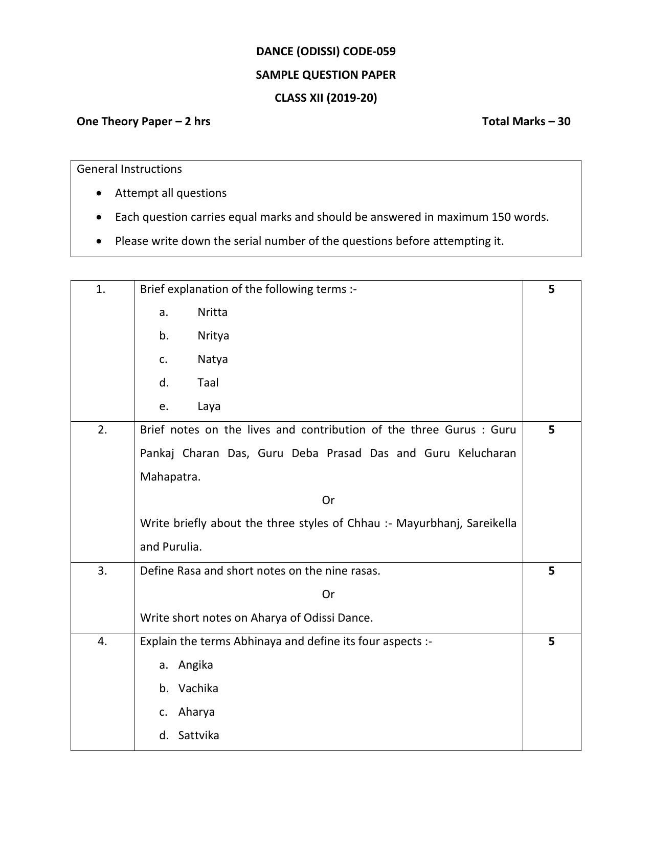 CBSE Class 12 Odissi -Sample Paper 2019-20 - Page 1