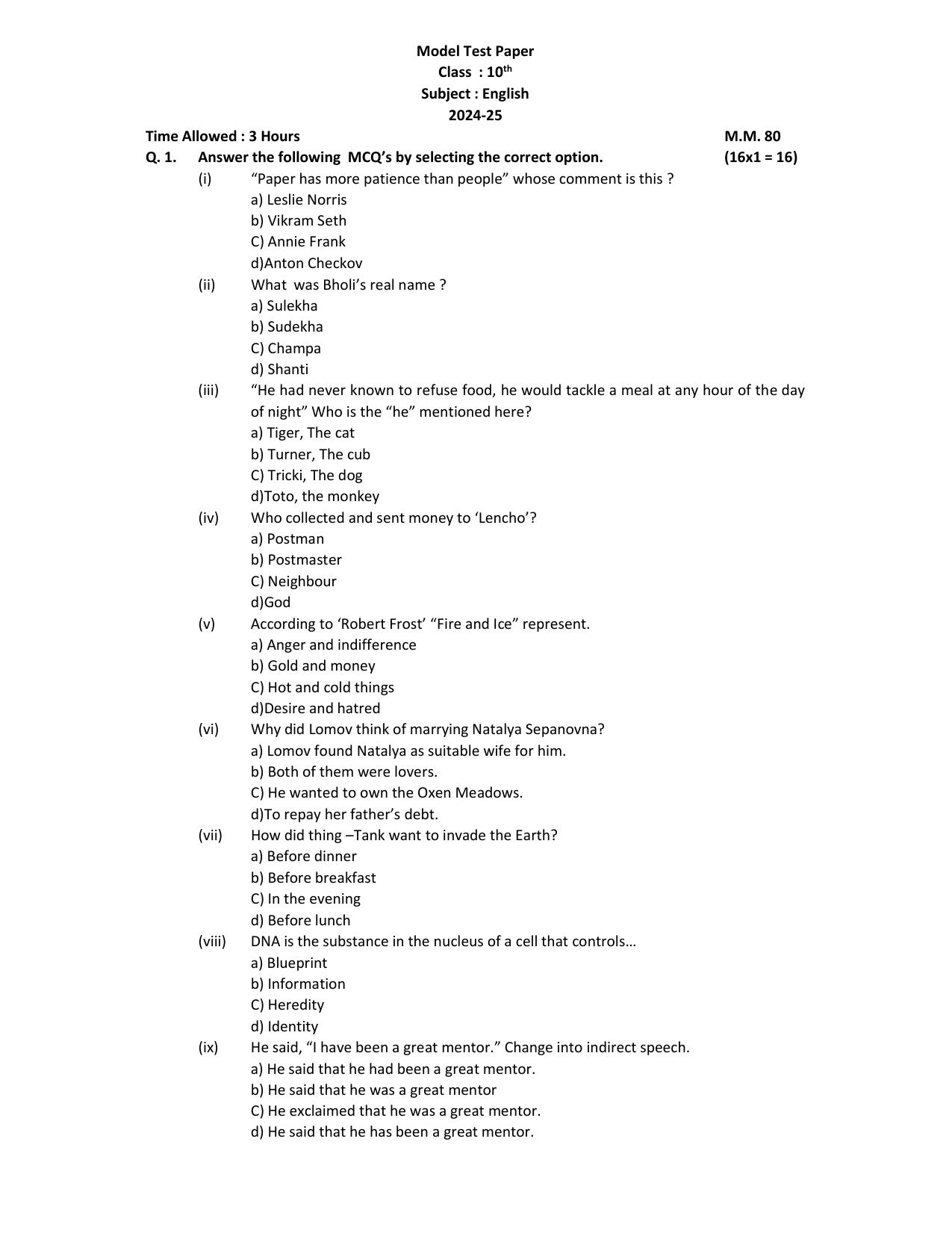 HPBOSE Class 10th English Sample Question Papers 2025 - Page 1