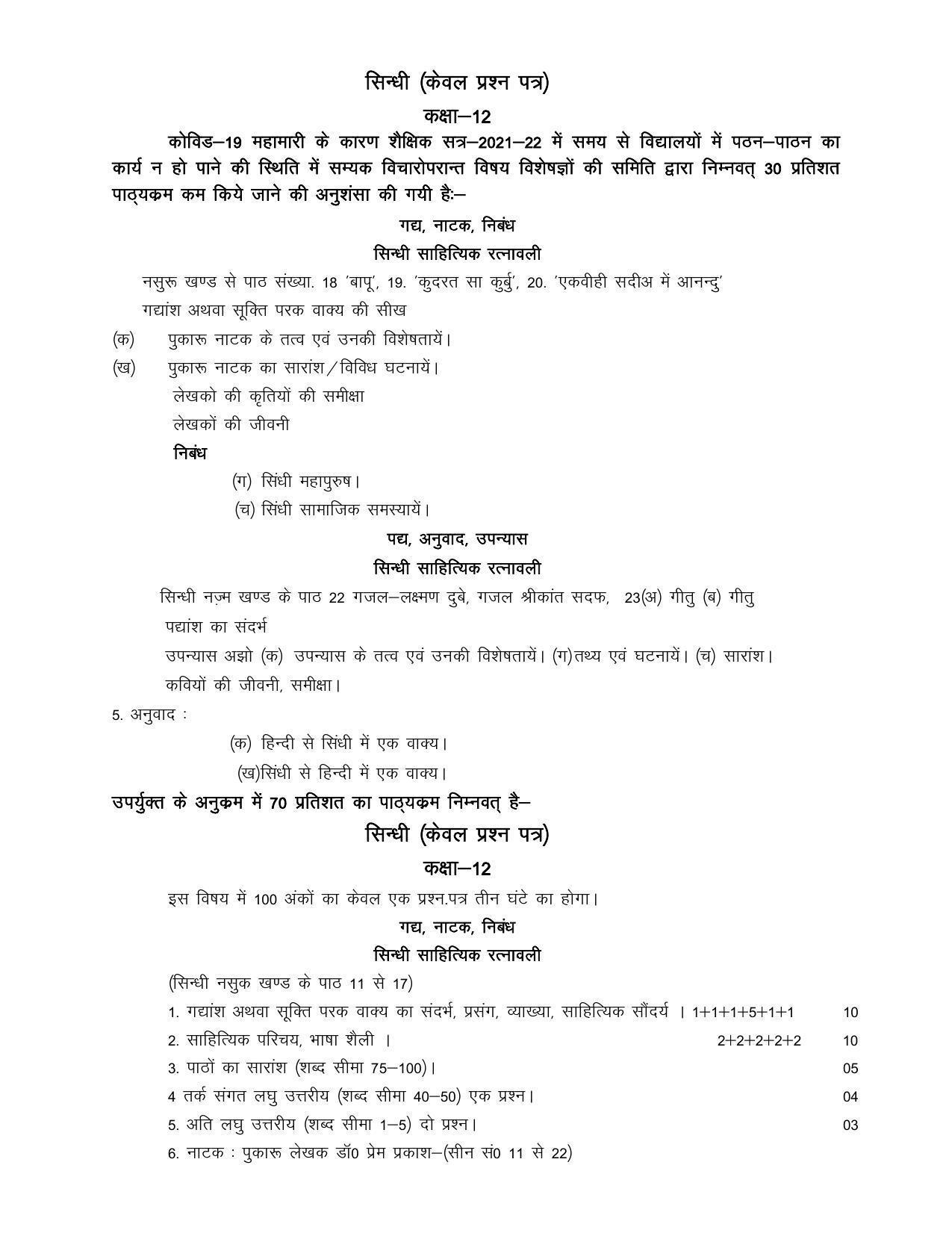 UP Board Class 12 Syllabus Sindhi - Page 1