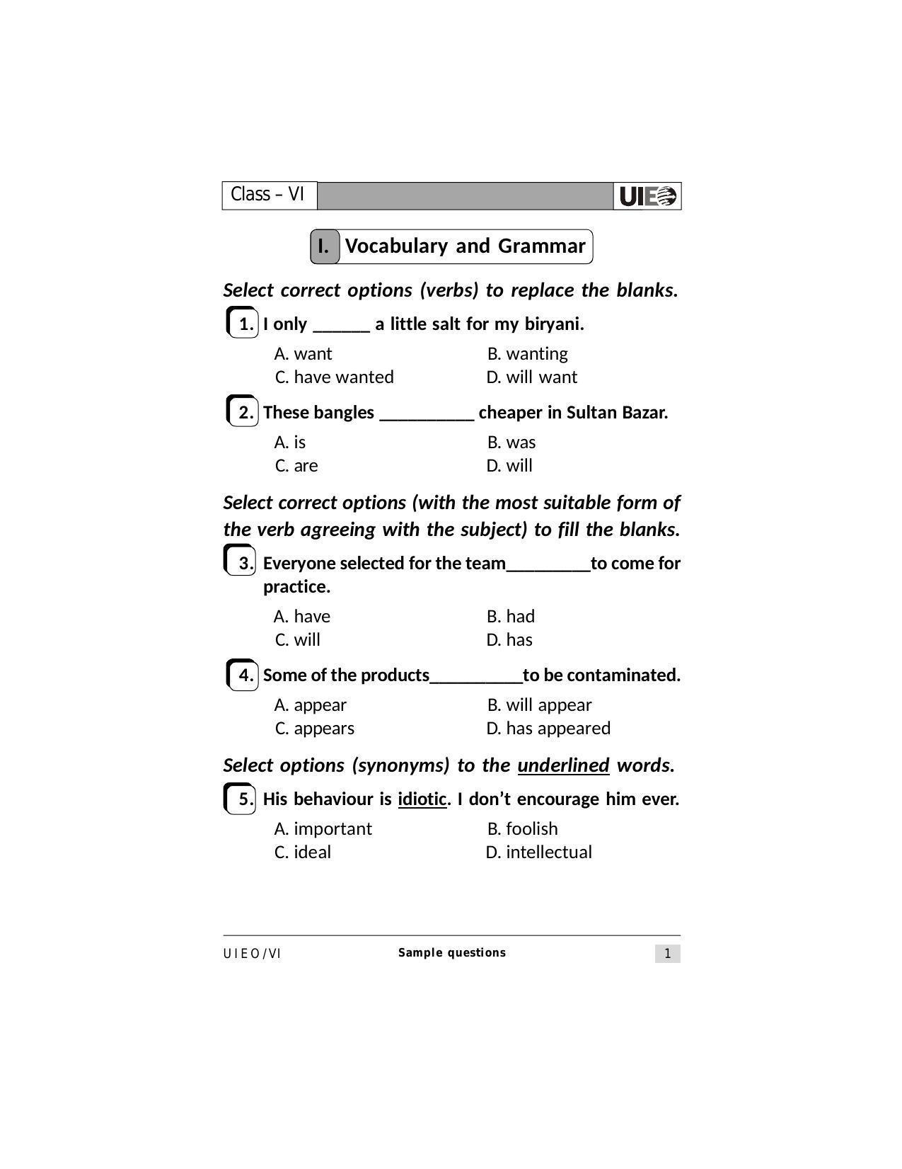 UIEO Sample Paper for Class 6 - Page 1