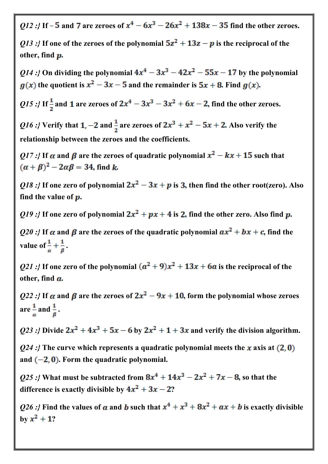 CBSE Worksheets for Class 10 Maths Polynomials Assignment 4 - Page 2