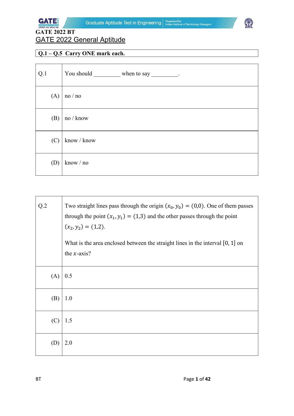 GATE 2022 Biotechnology (BT) Question Paper - Page 1