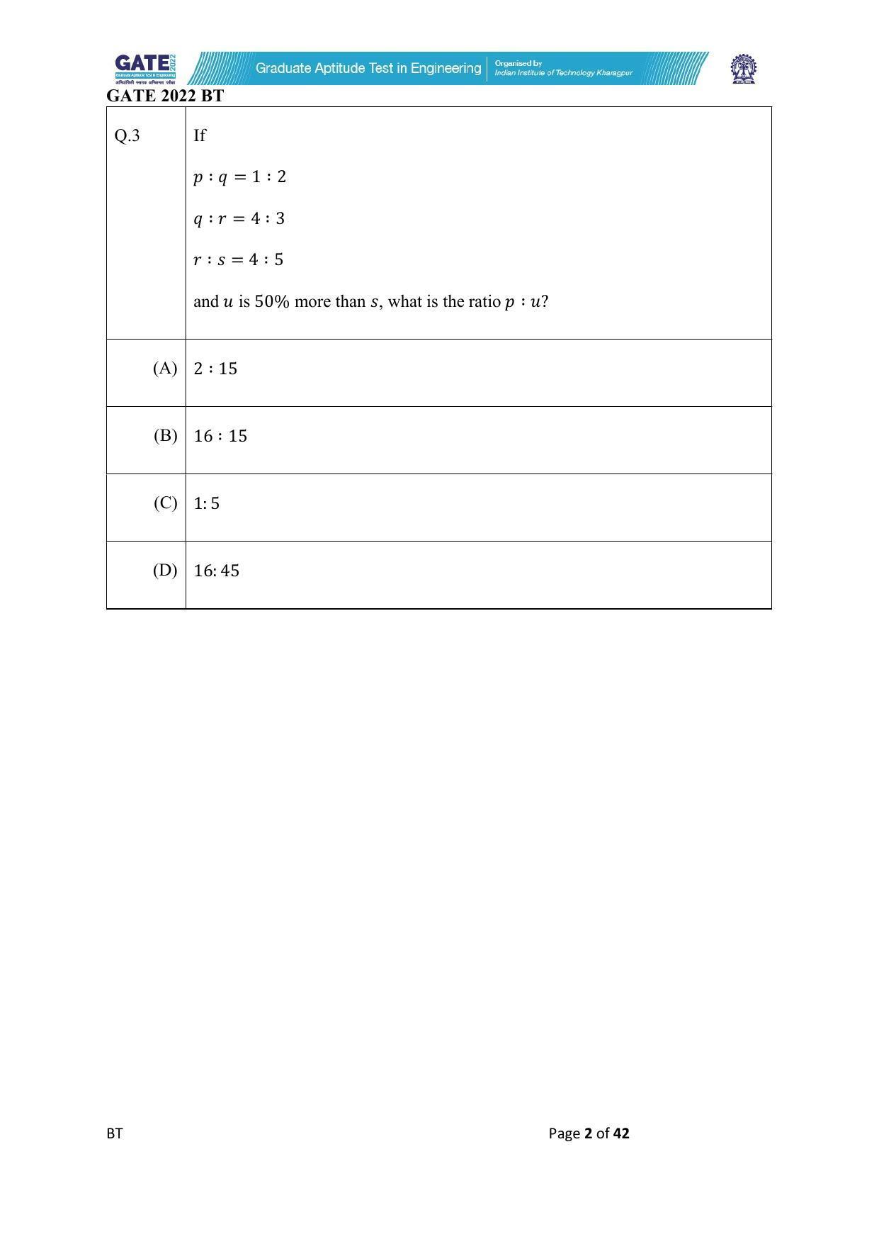 GATE 2022 Biotechnology (BT) Question Paper - Page 2