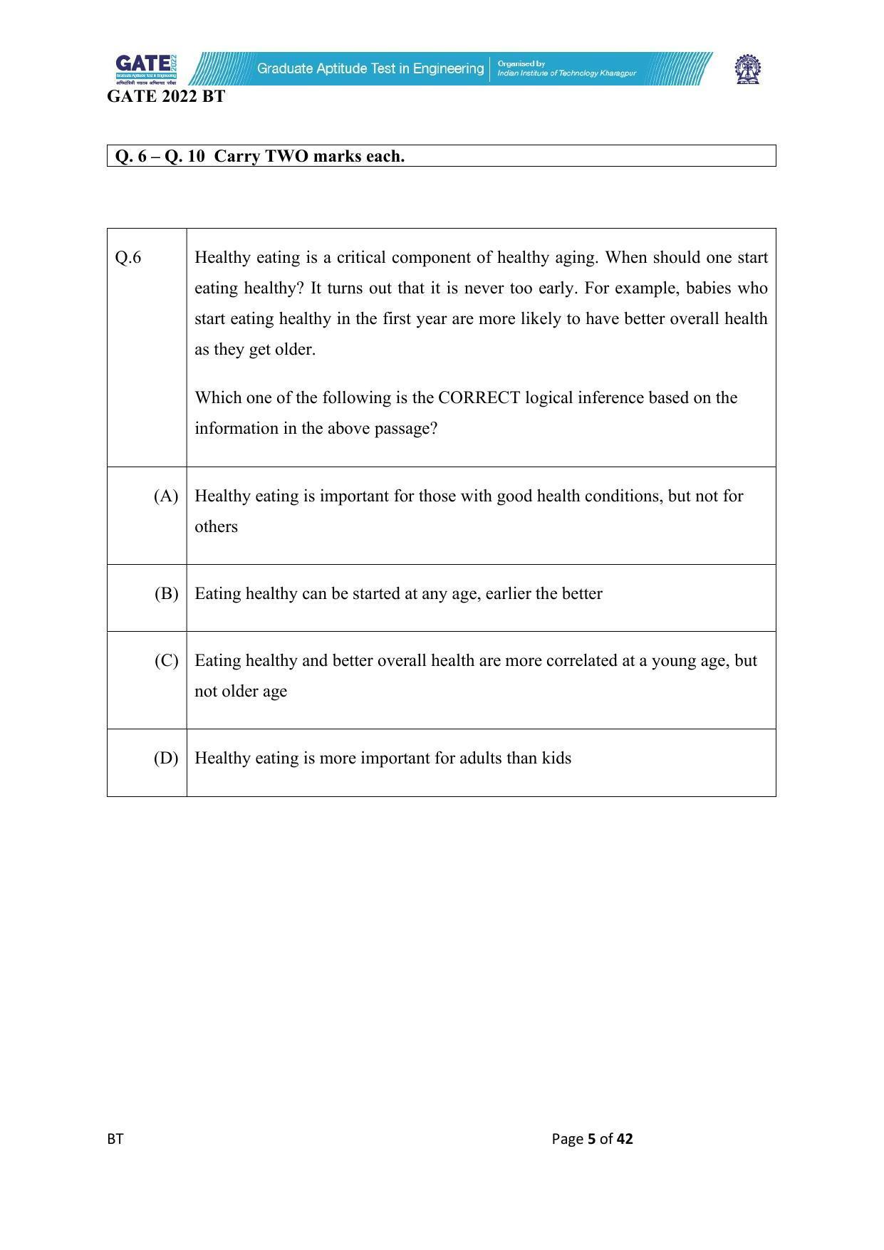 GATE 2022 Biotechnology (BT) Question Paper - Page 5