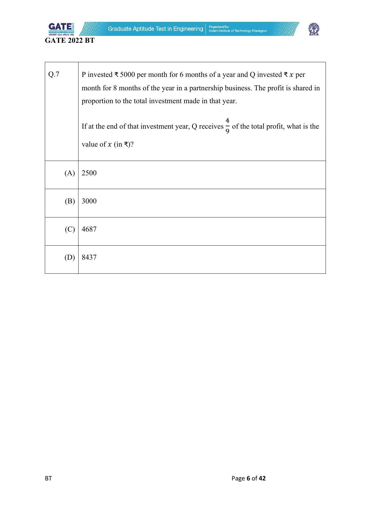 GATE 2022 Biotechnology (BT) Question Paper - Page 6