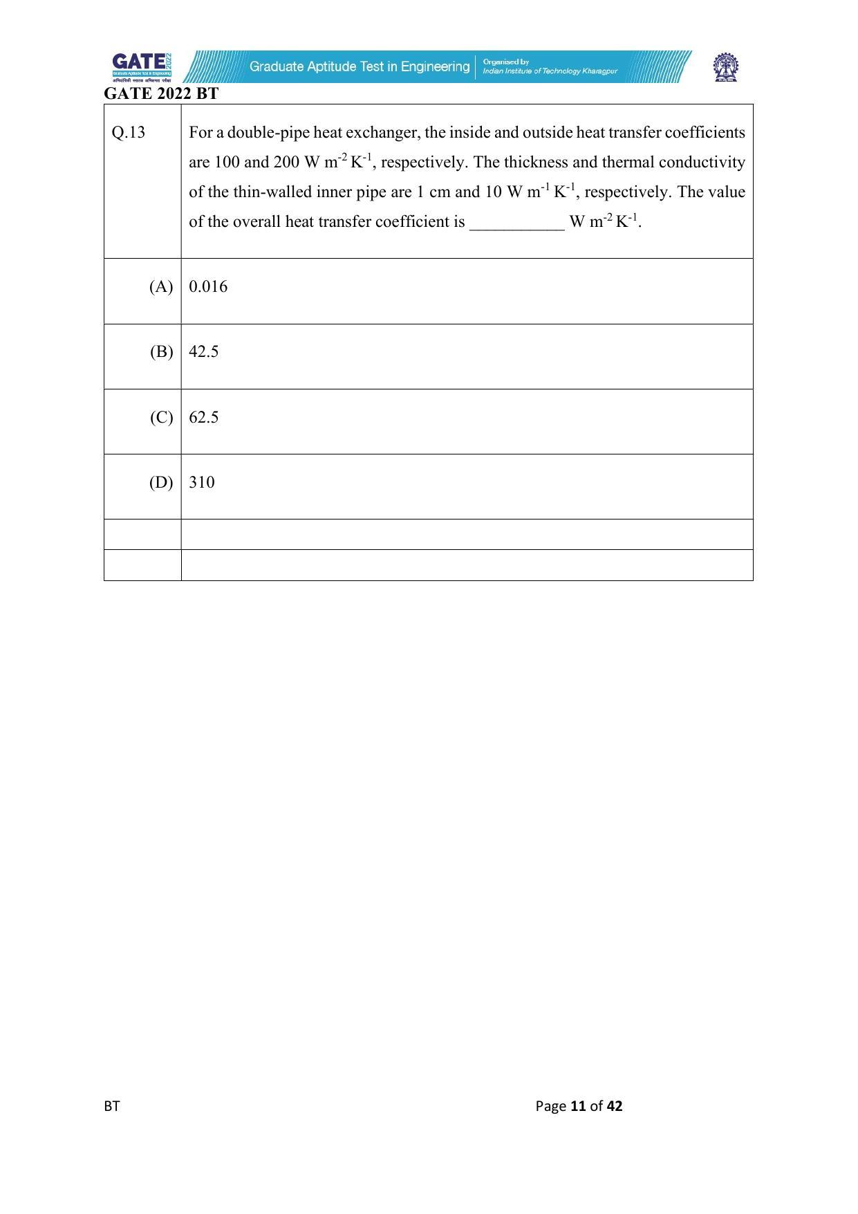 GATE 2022 Biotechnology (BT) Question Paper - Page 11