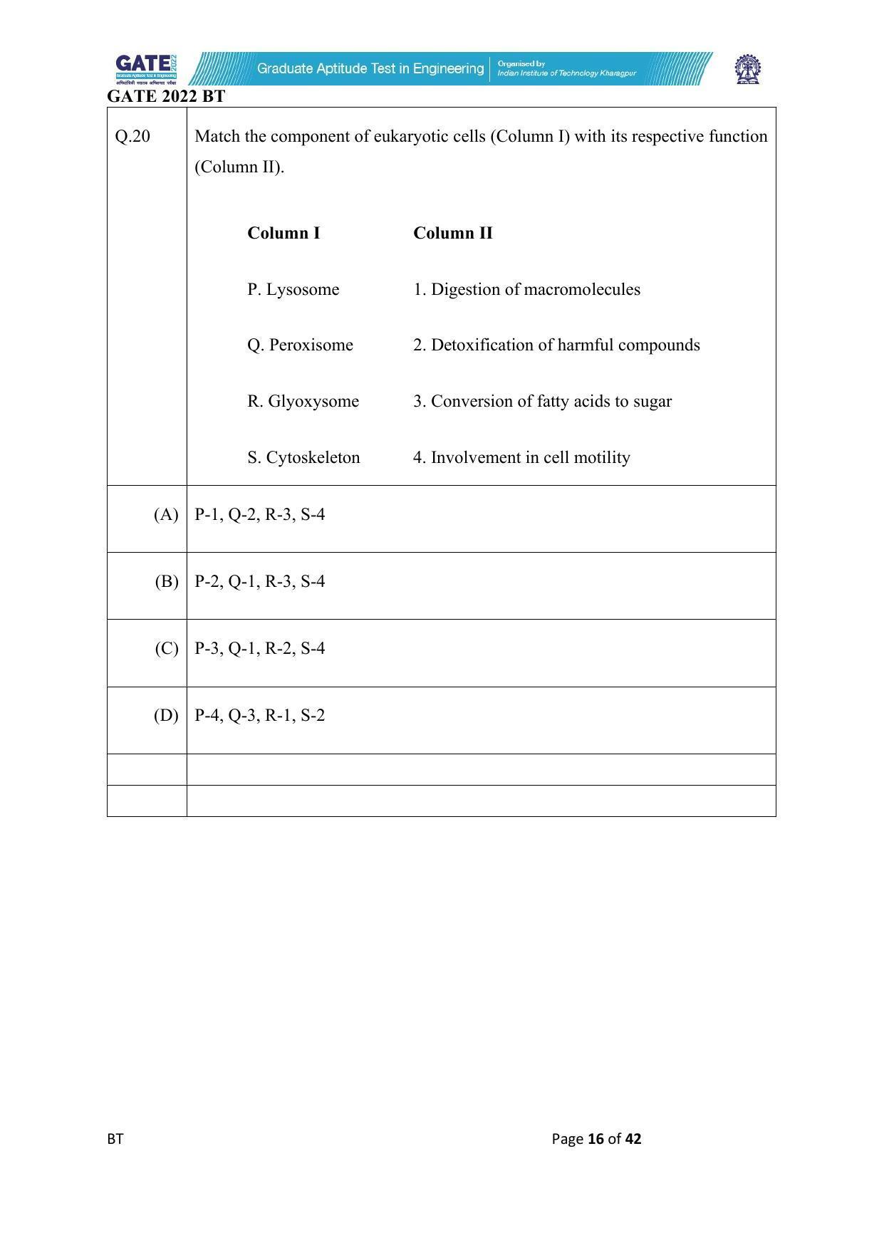 GATE 2022 Biotechnology (BT) Question Paper - Page 16