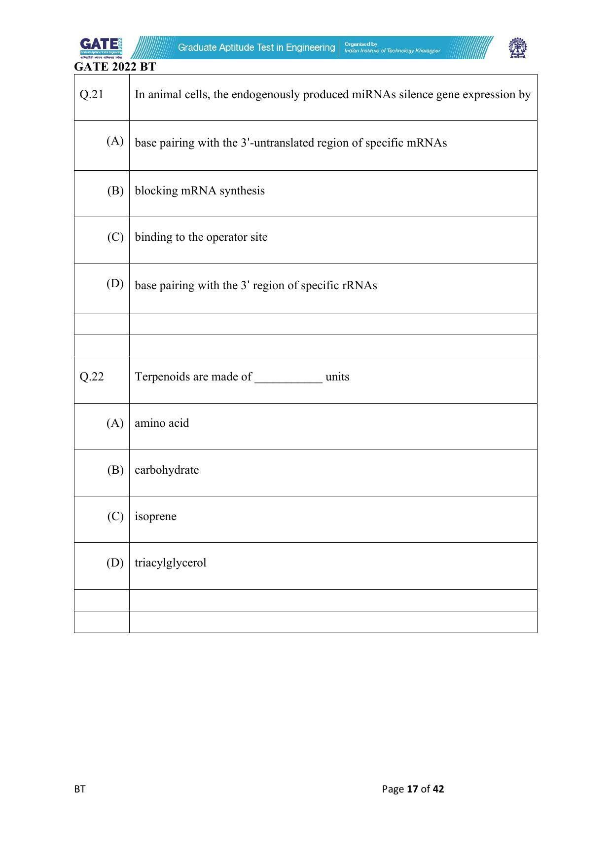 GATE 2022 Biotechnology (BT) Question Paper - Page 17
