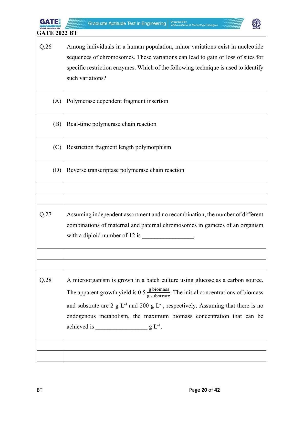 GATE 2022 Biotechnology (BT) Question Paper - Page 20