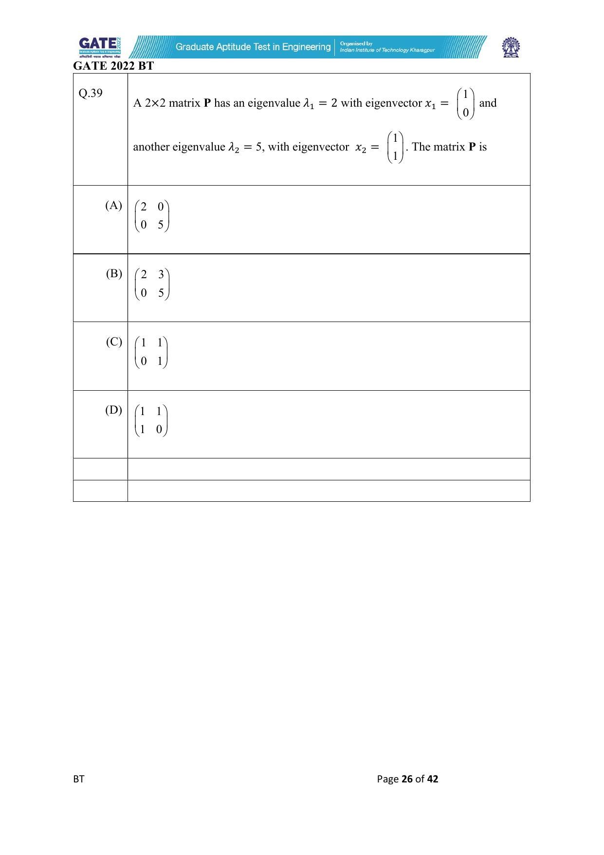 GATE 2022 Biotechnology (BT) Question Paper - Page 26