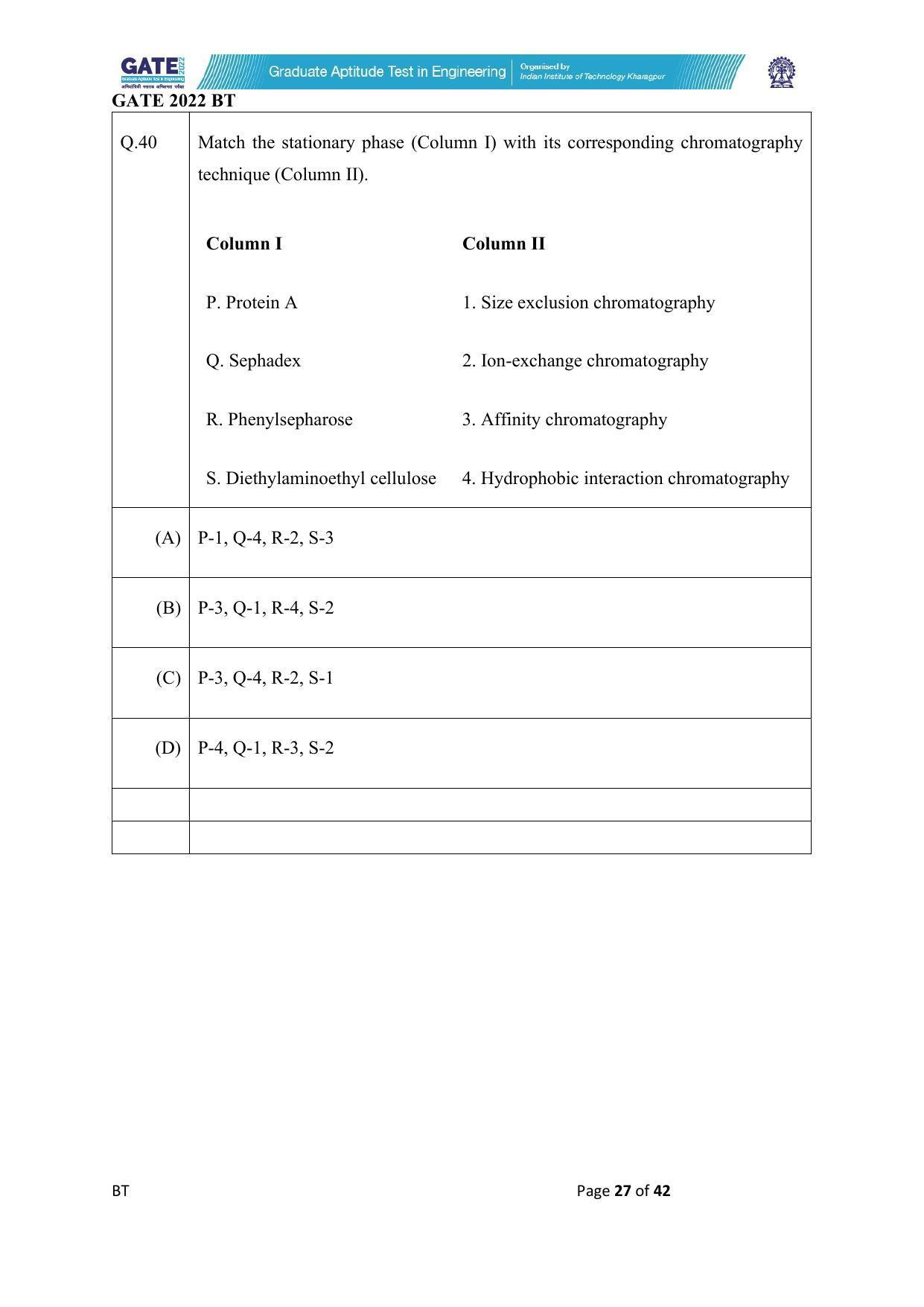 GATE 2022 Biotechnology (BT) Question Paper - Page 27