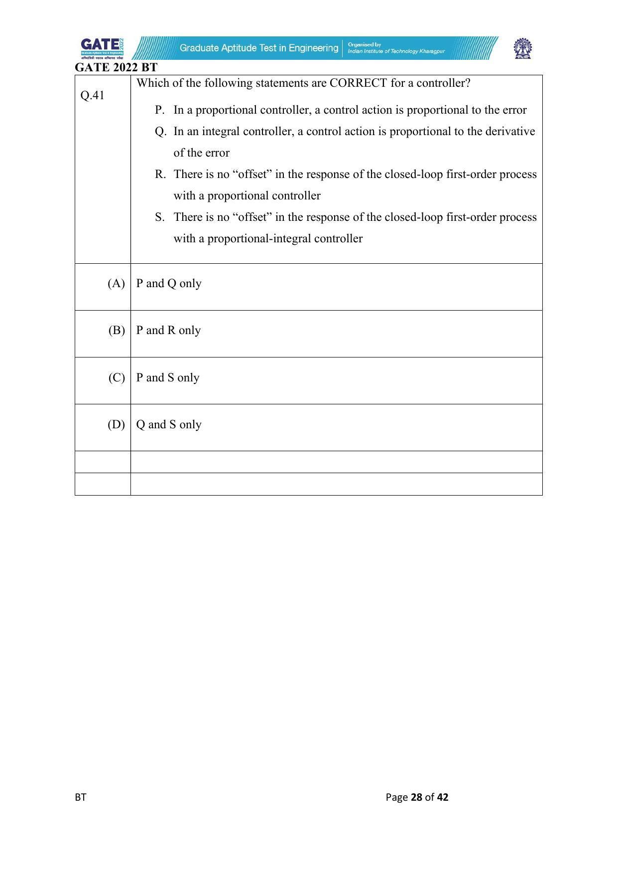 GATE 2022 Biotechnology (BT) Question Paper - Page 28
