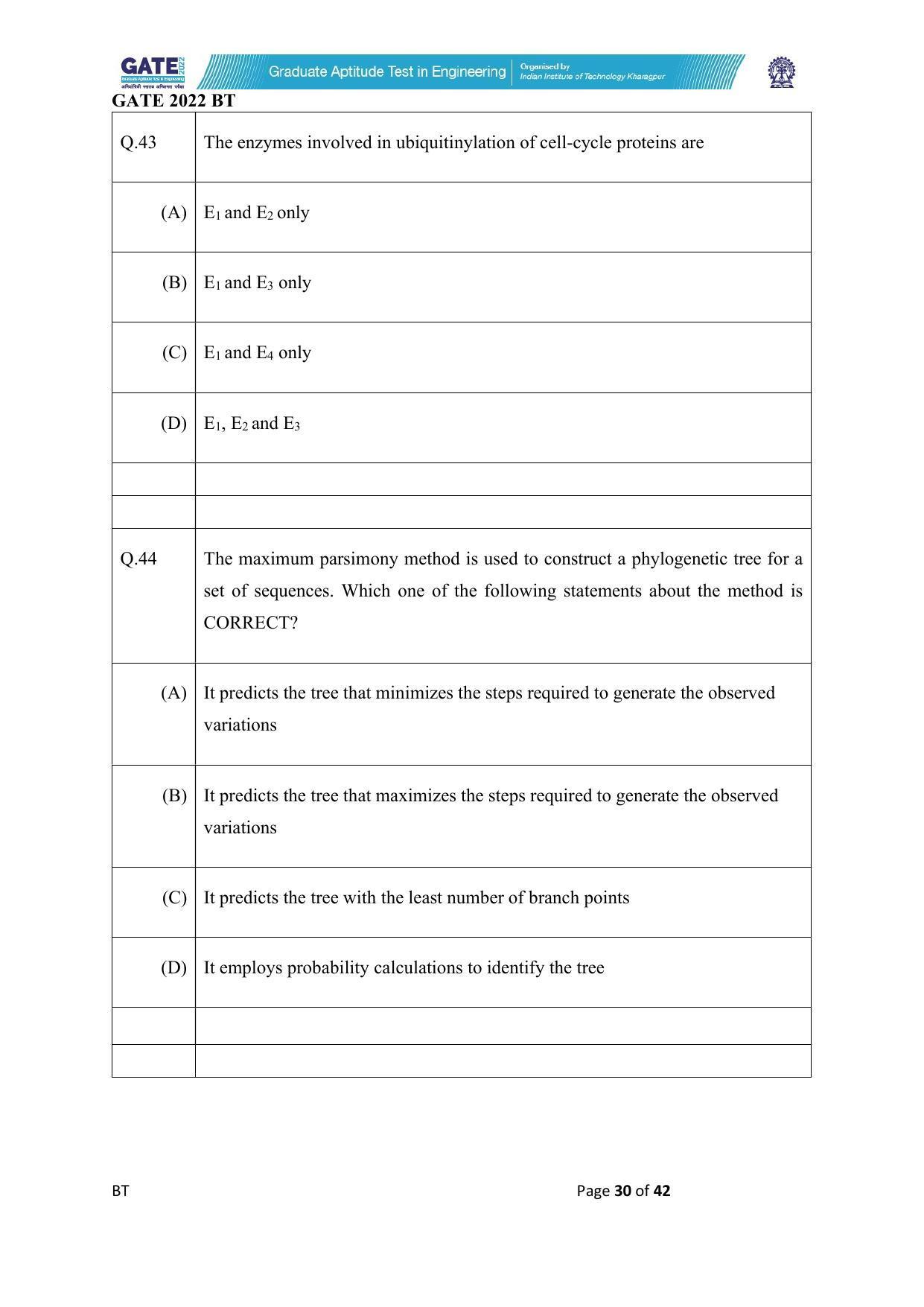 GATE 2022 Biotechnology (BT) Question Paper - Page 30