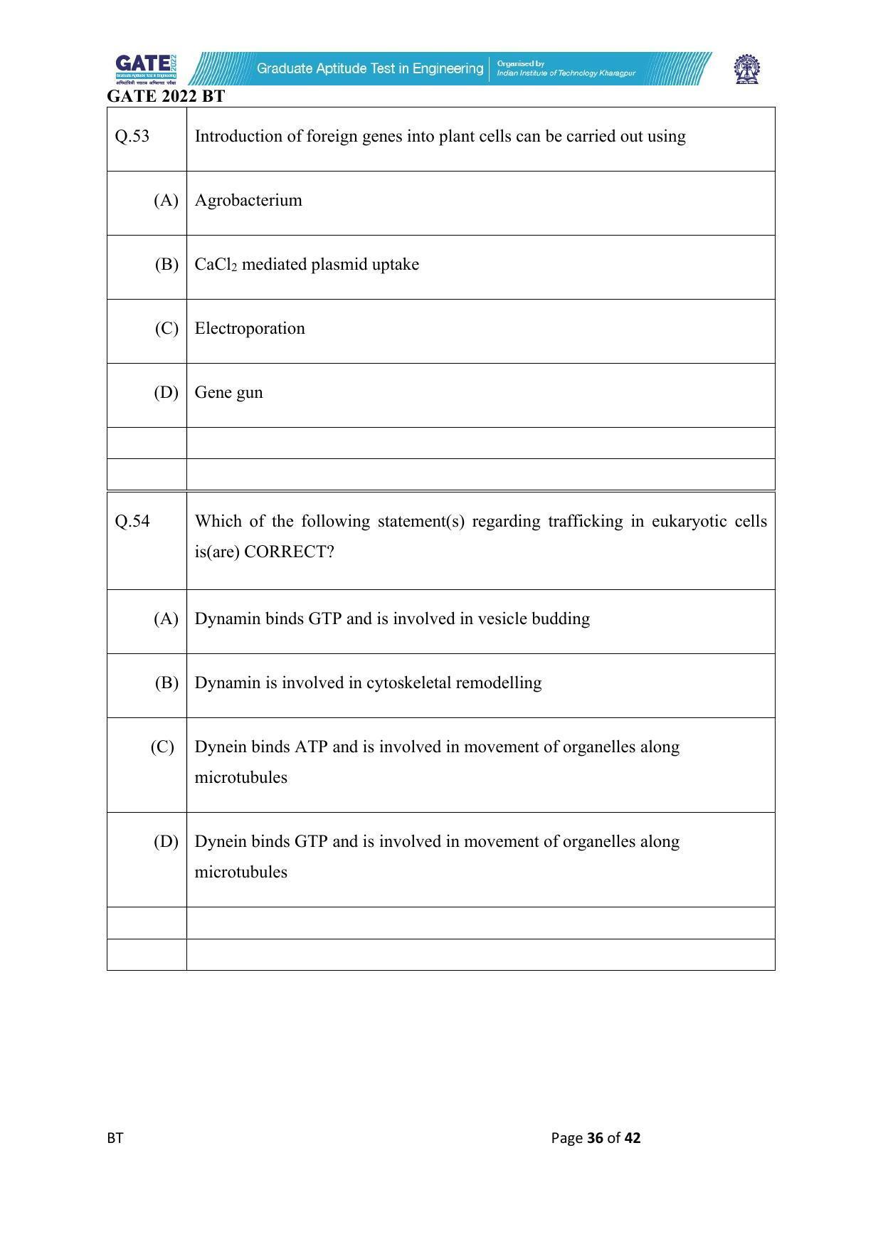 GATE 2022 Biotechnology (BT) Question Paper - Page 36