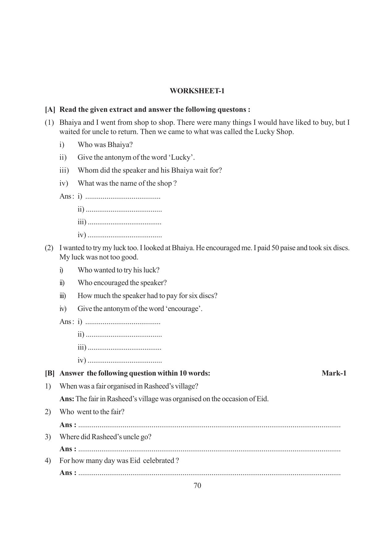 Tripura Board Class 6 English Workbooks - Page 70