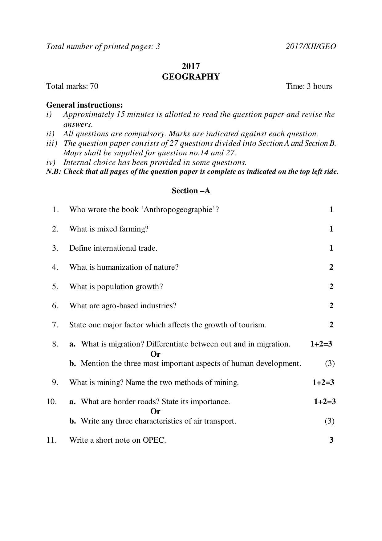 Nagaland Board Class 12 GEOGRAPHY 2017 Question Papers - Page 1