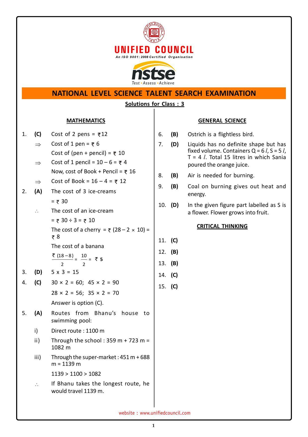 2023 Class 3 NSTSE Key & Solutions - Page 1