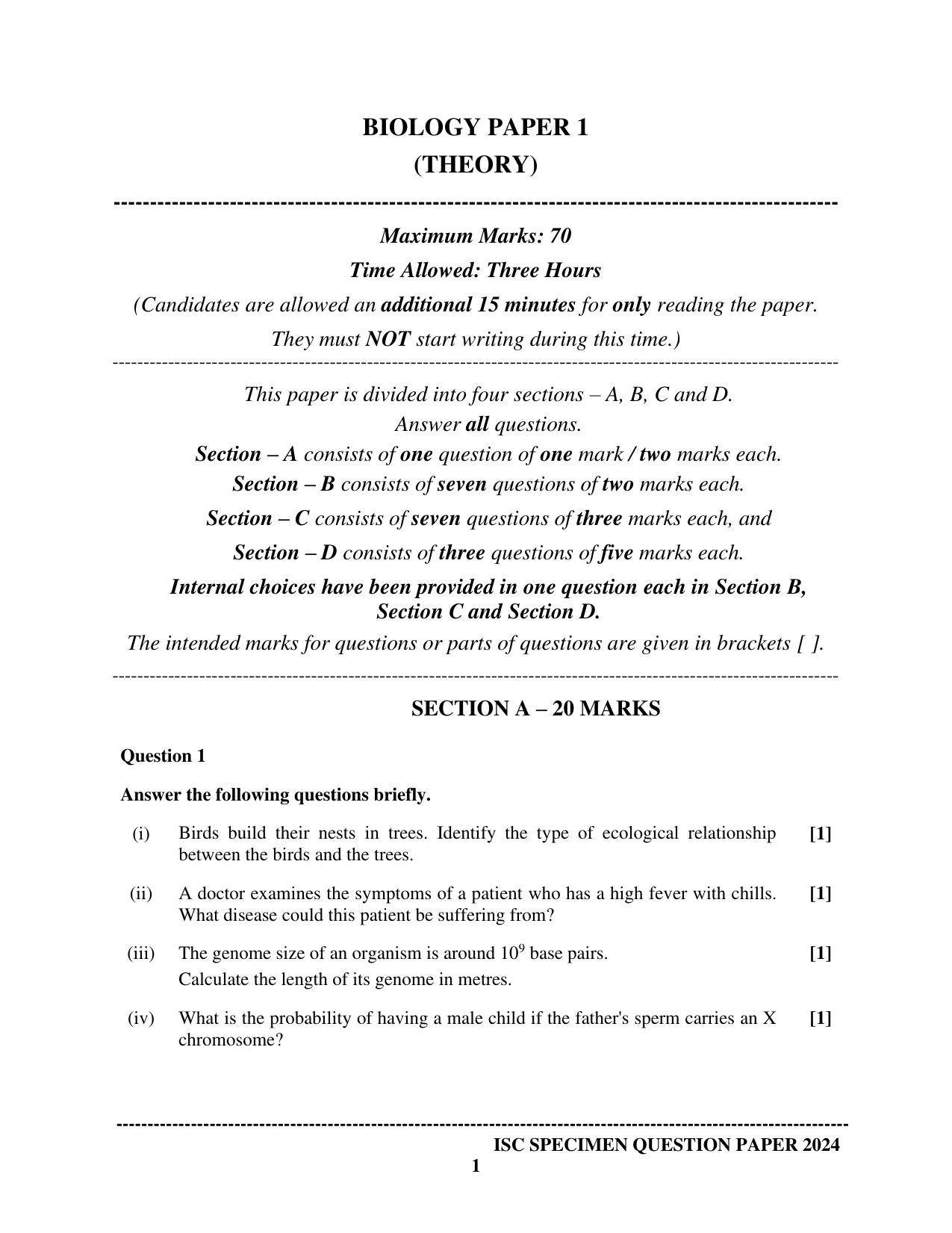 ISC Class 12 2024 Biology Paper 1 Sample Paper - Page 1